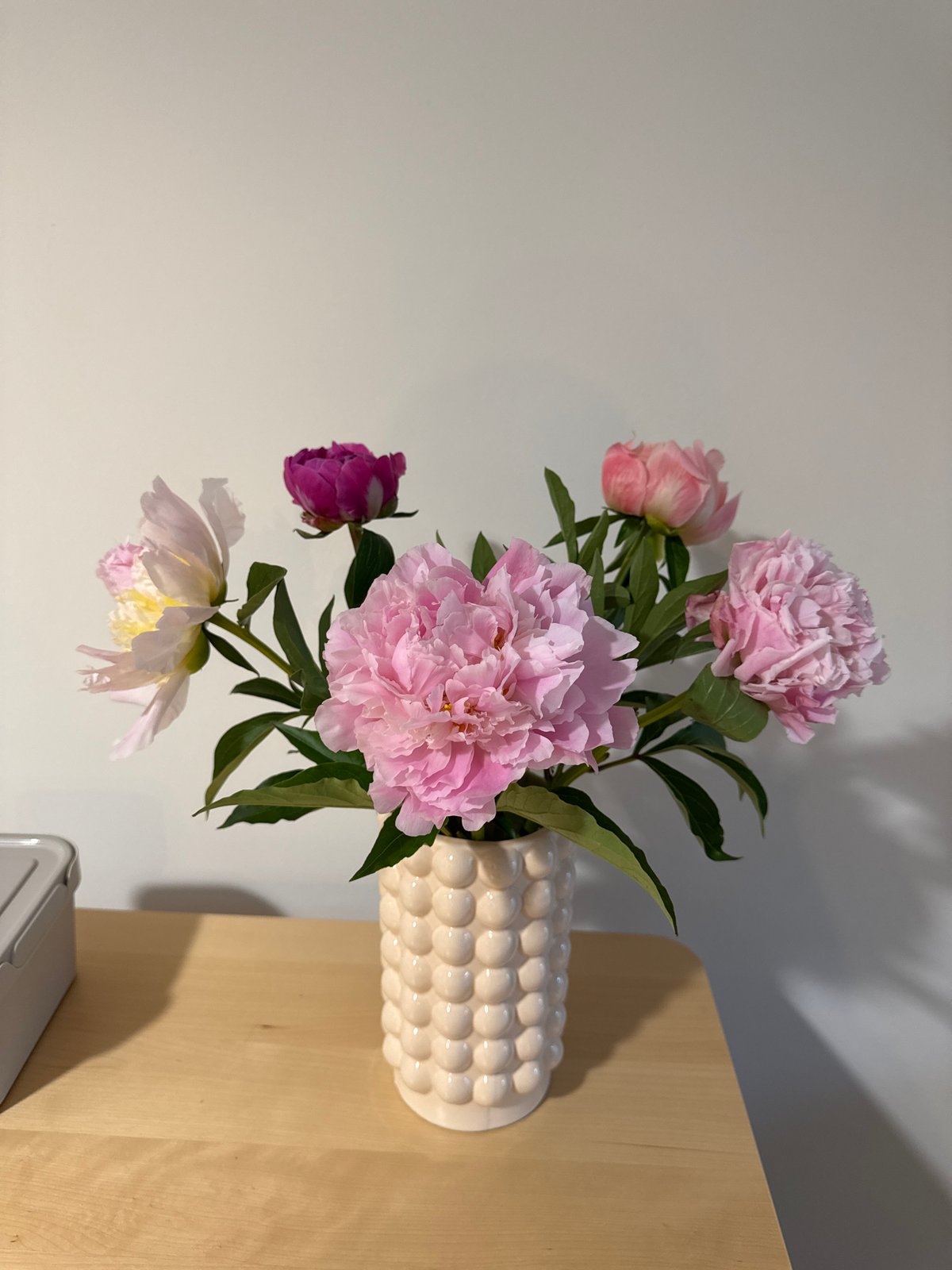 Woman documents peony bouquet arrangement in Izhevsk home