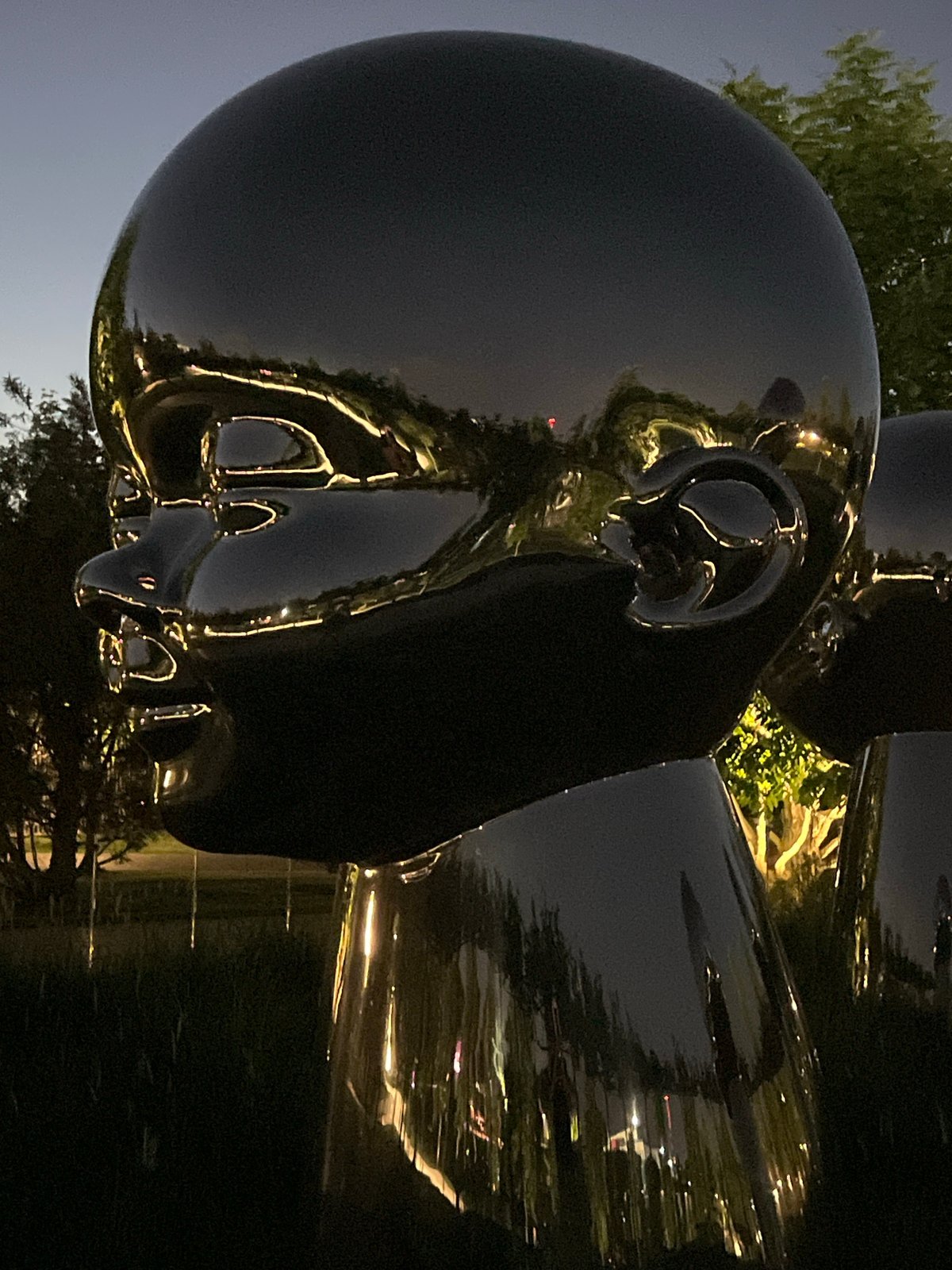Reflective Head Sculpture Documented at Night in Krasnodar