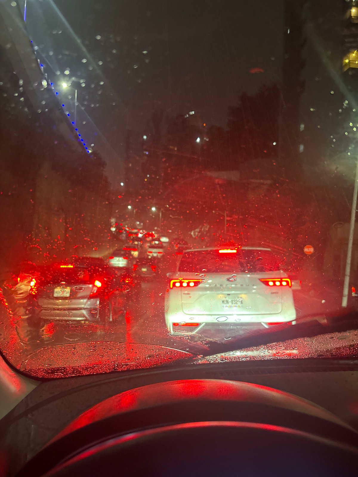 Nighttime traffic jam during heavy rain in Huixquilucan