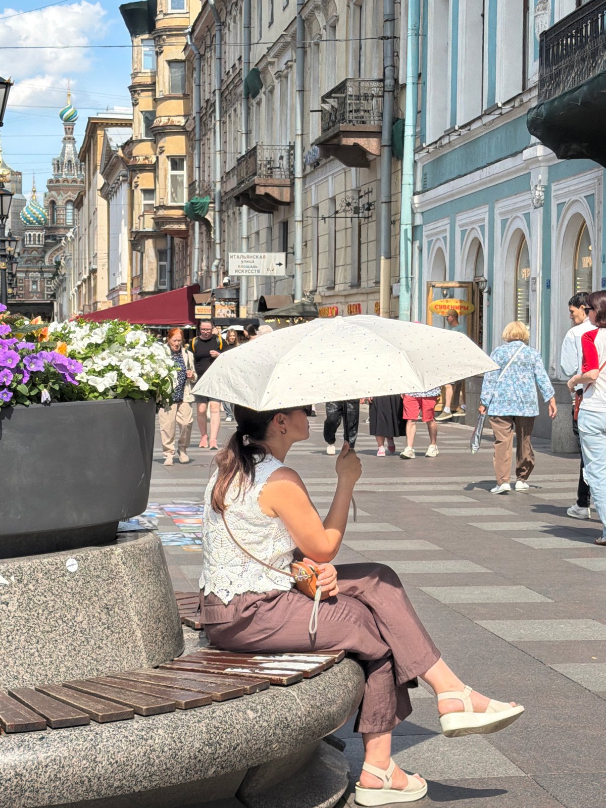Sunny Saint Petersburg: robed figure, tickets, and a pelican