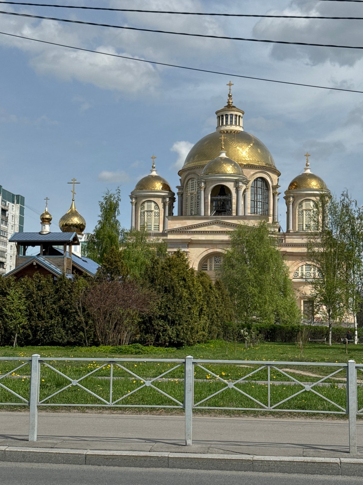 Orthodox church with golden domes photographed in Saint Petersburg