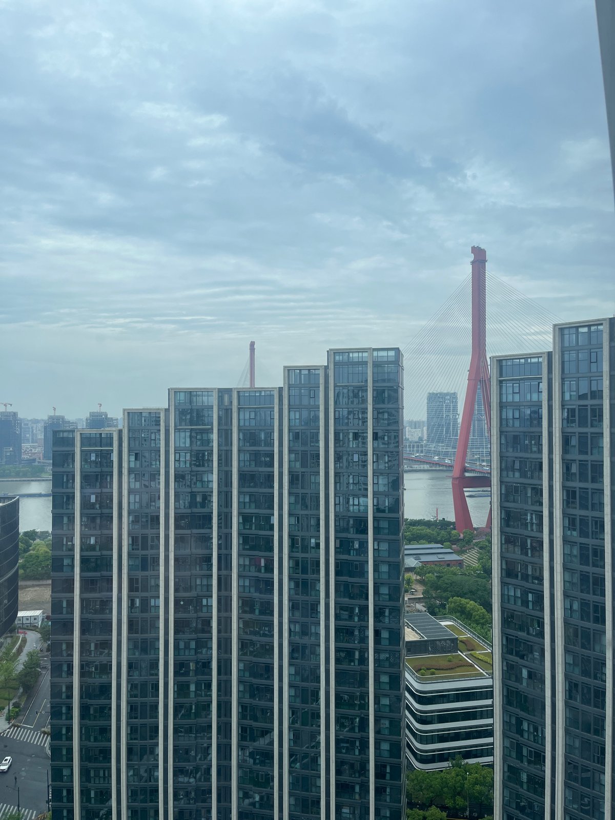 Modern Pudong buildings and red bridge observed early morning