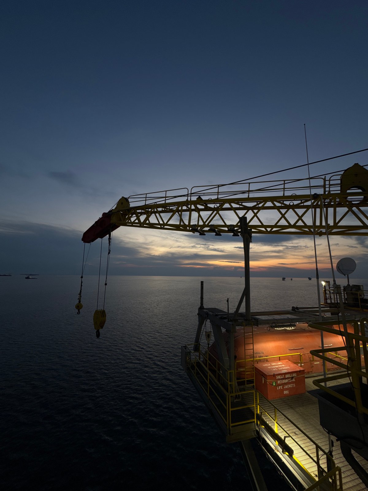 Offshore oil platform at dusk, Italian Adriatic waters