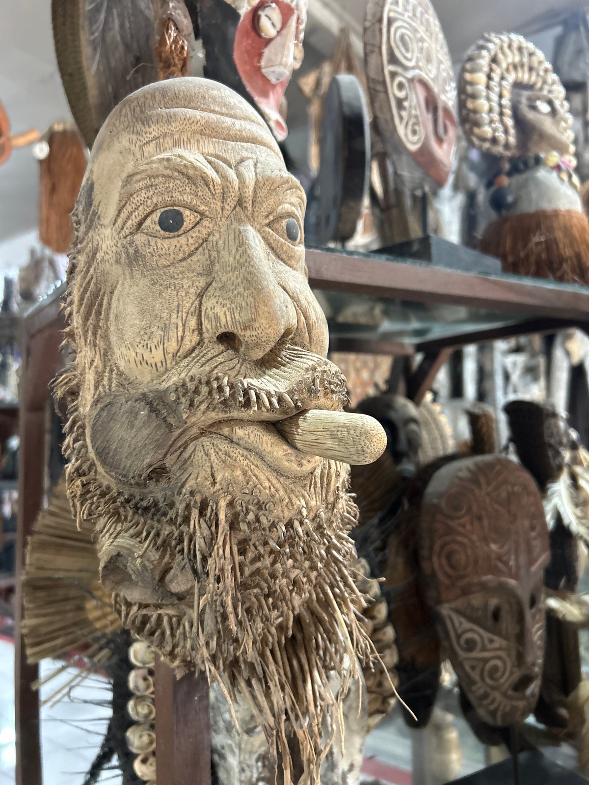 Tribal art collection documented in indoor cultural exhibition space