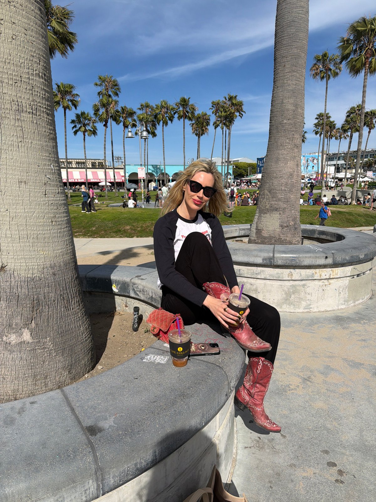 Casual LA moments captured: woman relaxing, Venice streets, souvenir shopping