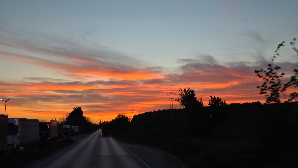 Dramatic sunset captured over highway near Ledenik, Bulgaria