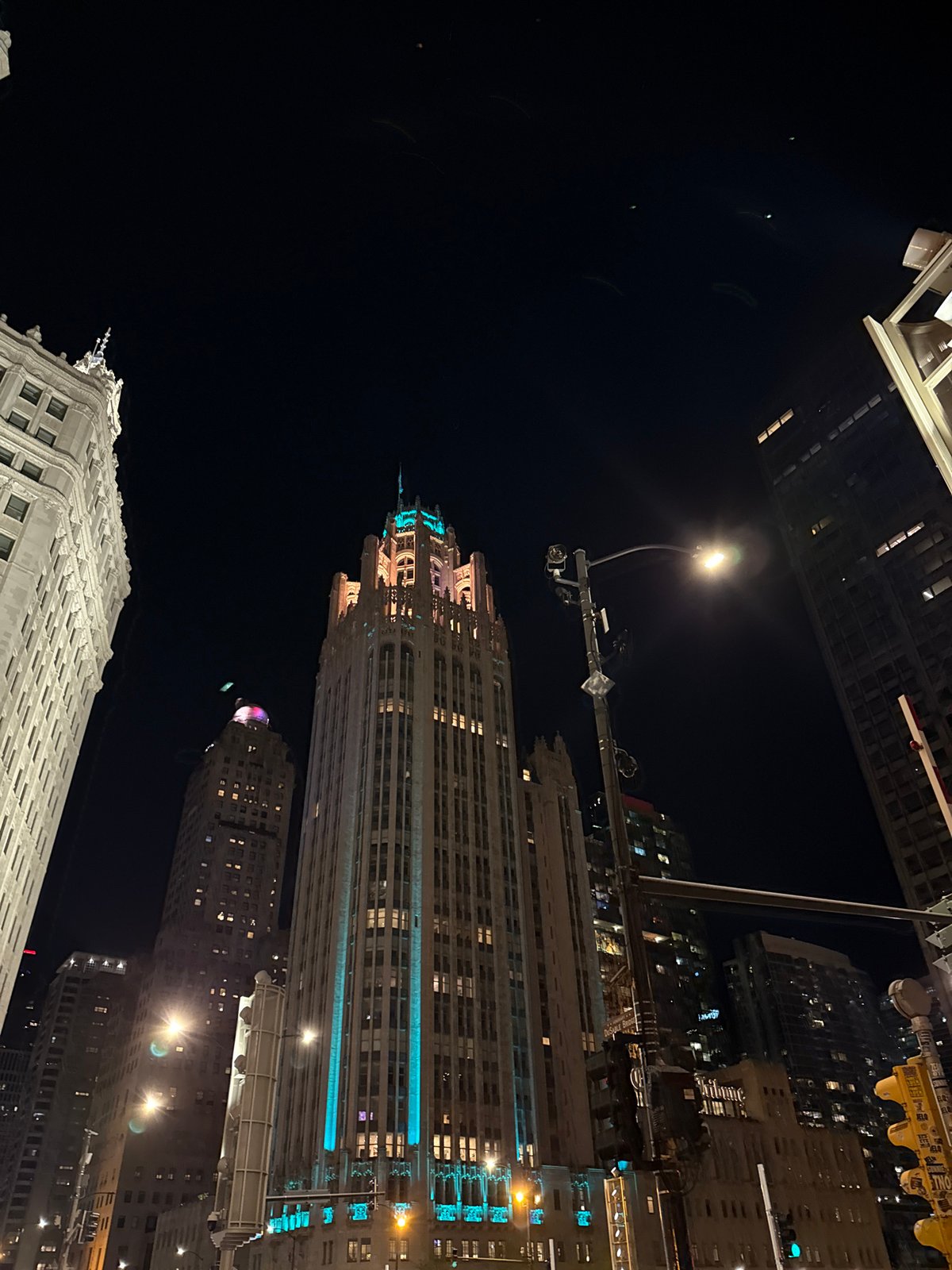 Nighttime Chicago architecture photographed along riverfront downtown area