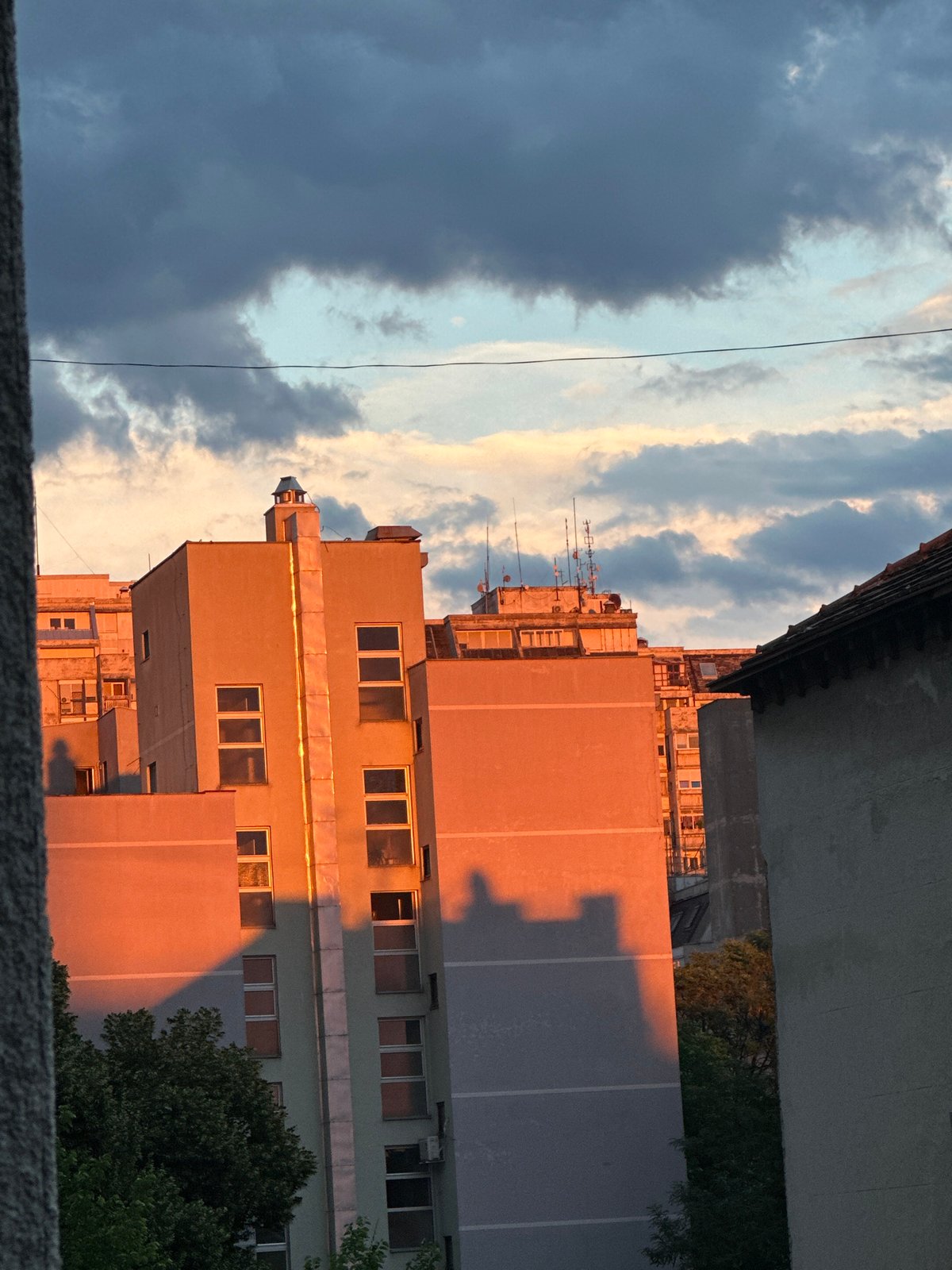 Belgrade evening: sunset skies, a red Porsche, and a resting poodle