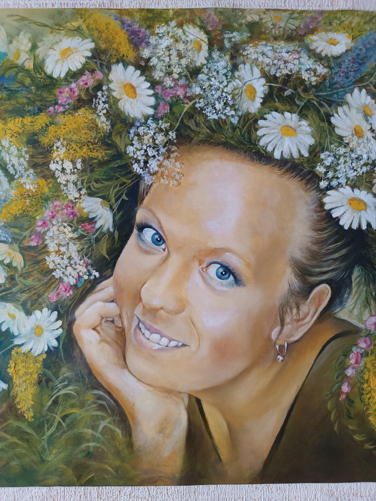 Flower crown portrait session documented in Russian village