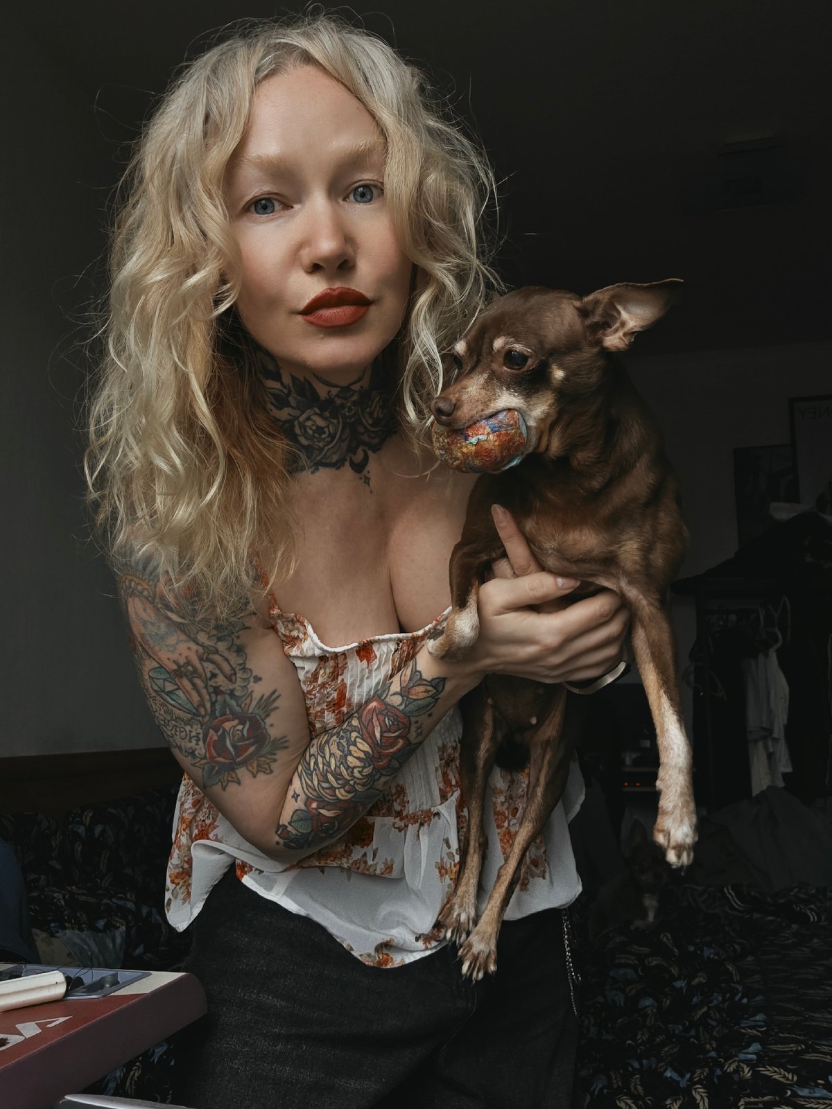 Tattooed woman poses with chihuahua in Saint Petersburg apartment