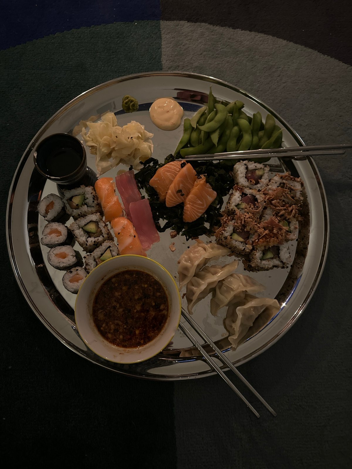 Elaborate sushi platter documented in London evening dining