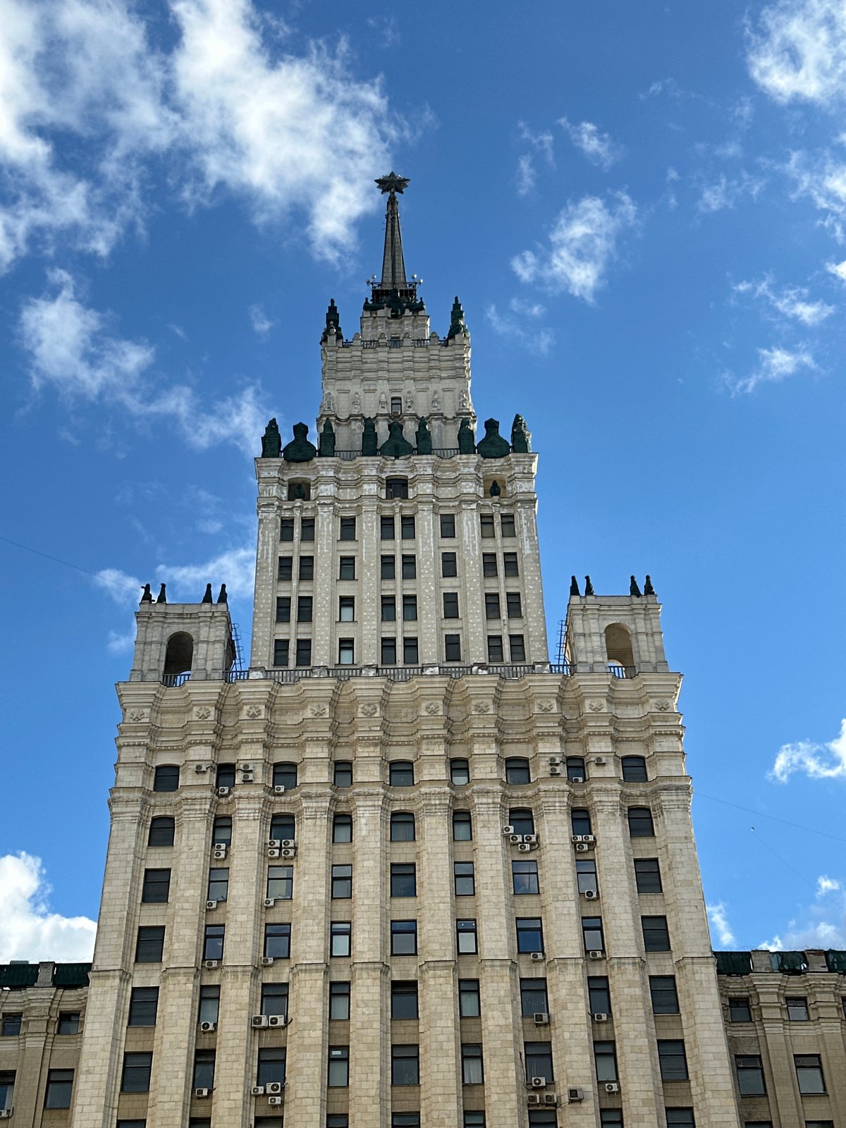 Moscow's Stalinist skyscraper photographed from street level