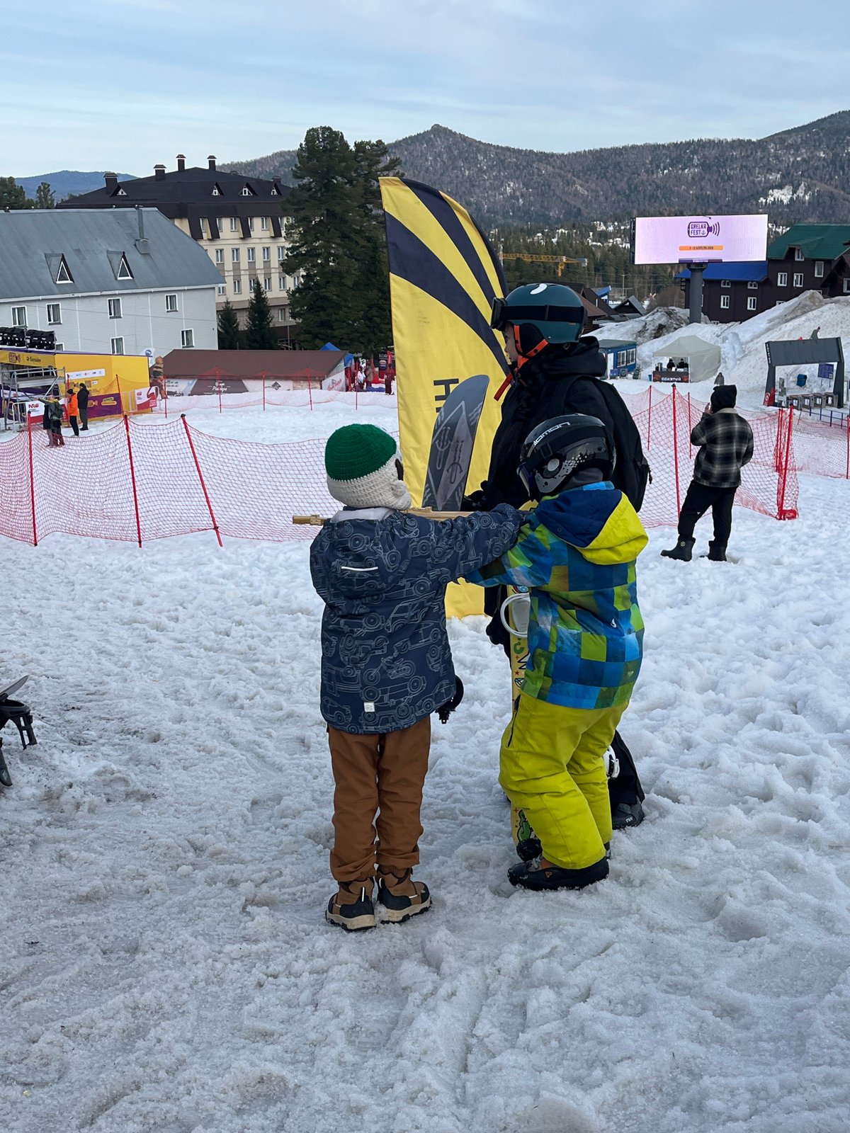 Skiers captured on snowy slope amid mixed forest