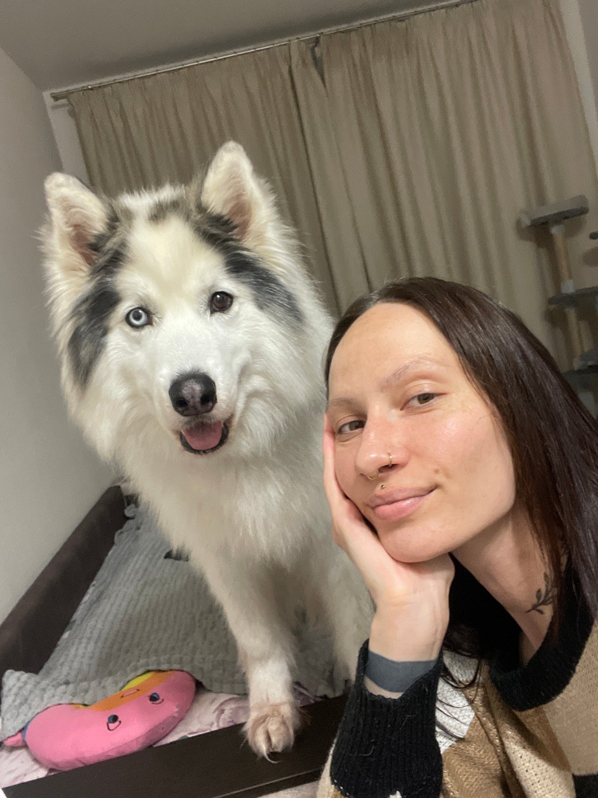 Woman poses with heterochromatic dog in Izhevsk