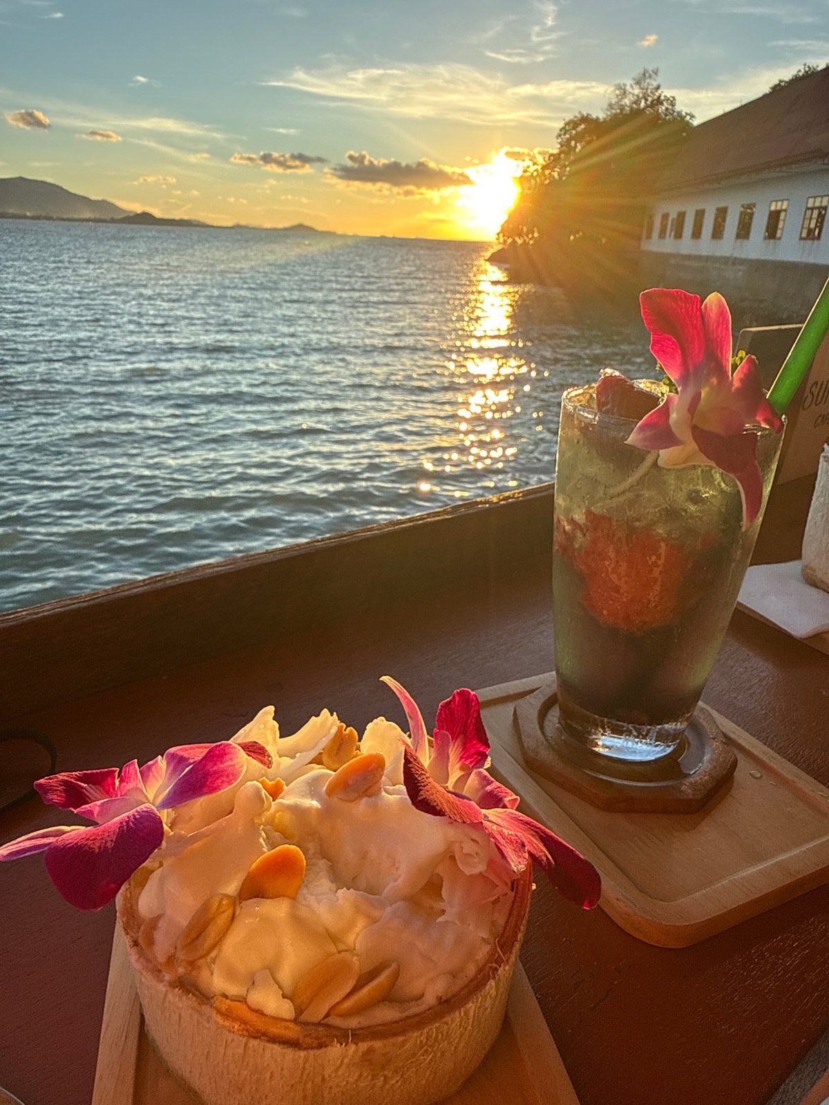 Sunset drinks and desserts on the waterfront in Baan Plai Laem