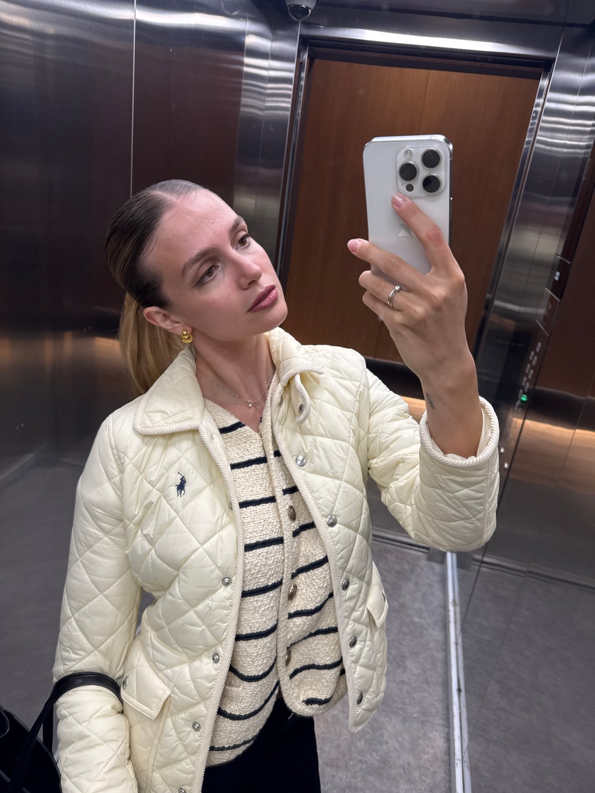 Woman documents morning activities through selfies across multiple locations