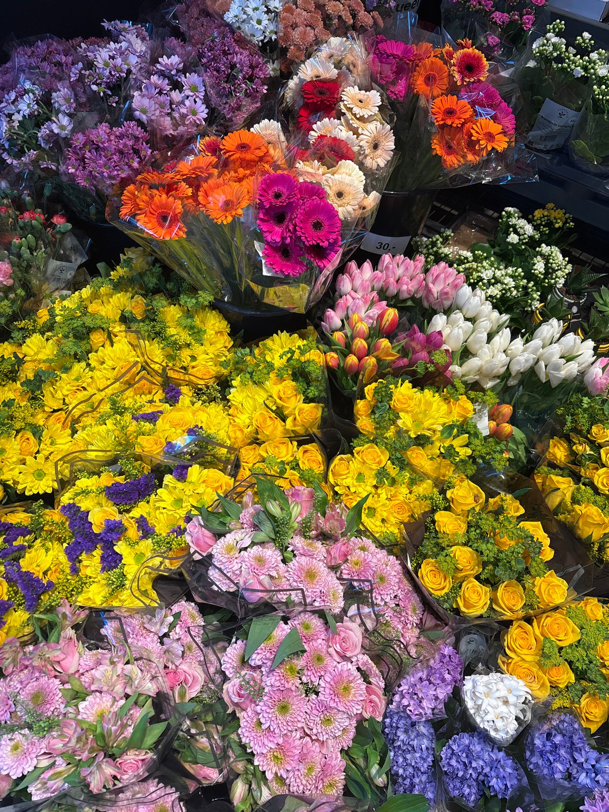 Colorful spring flower bouquets displayed at Copenhagen flower shop