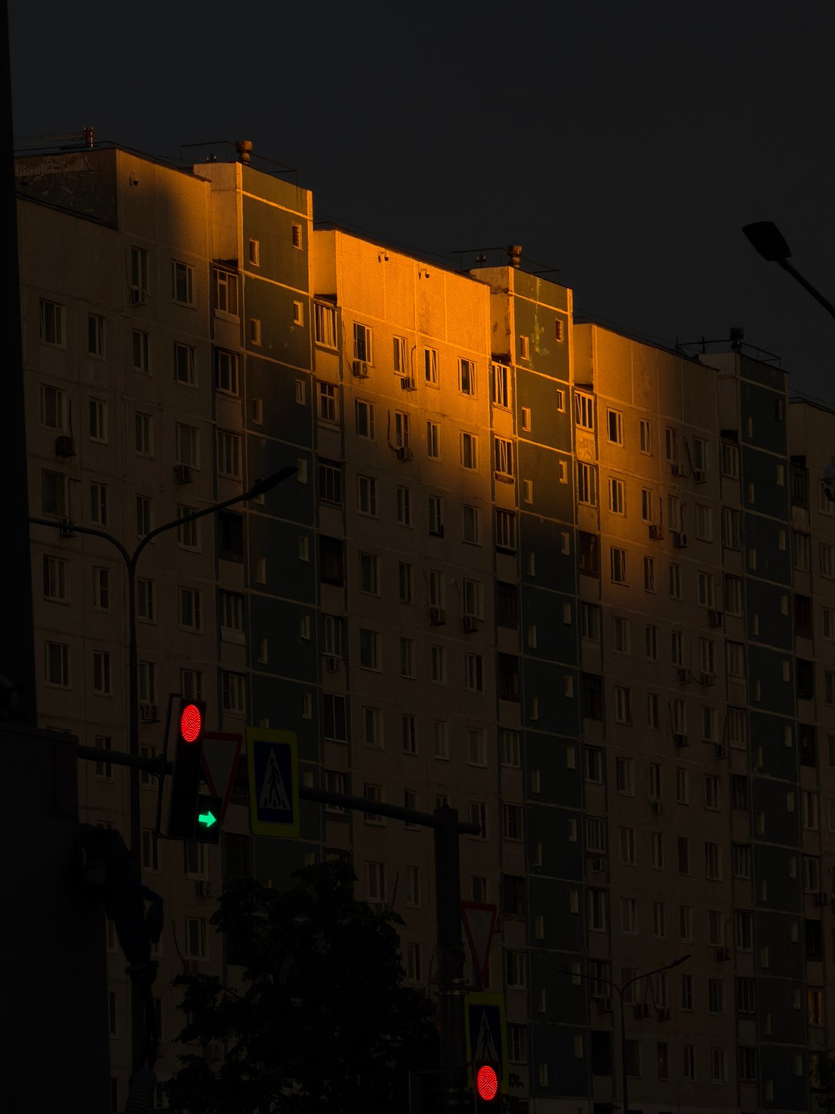 Moscow residential streets at golden hour, late June evening