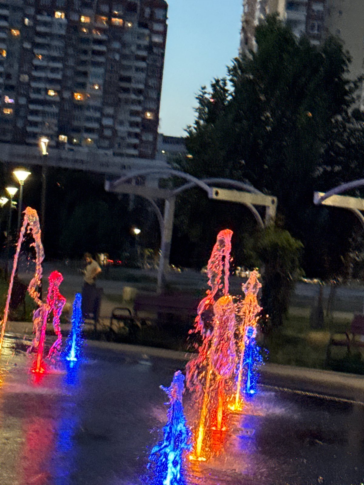 Colored fountains and evening vibes at a Sofia city park