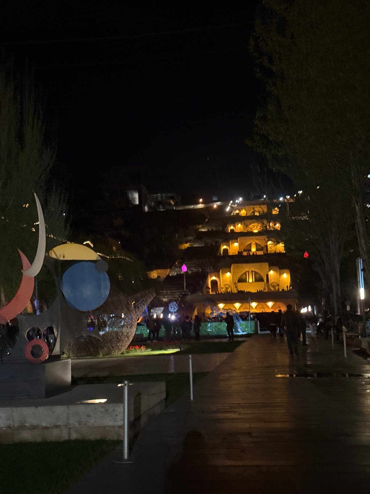 Evening illumination scenes documented across central Yerevan