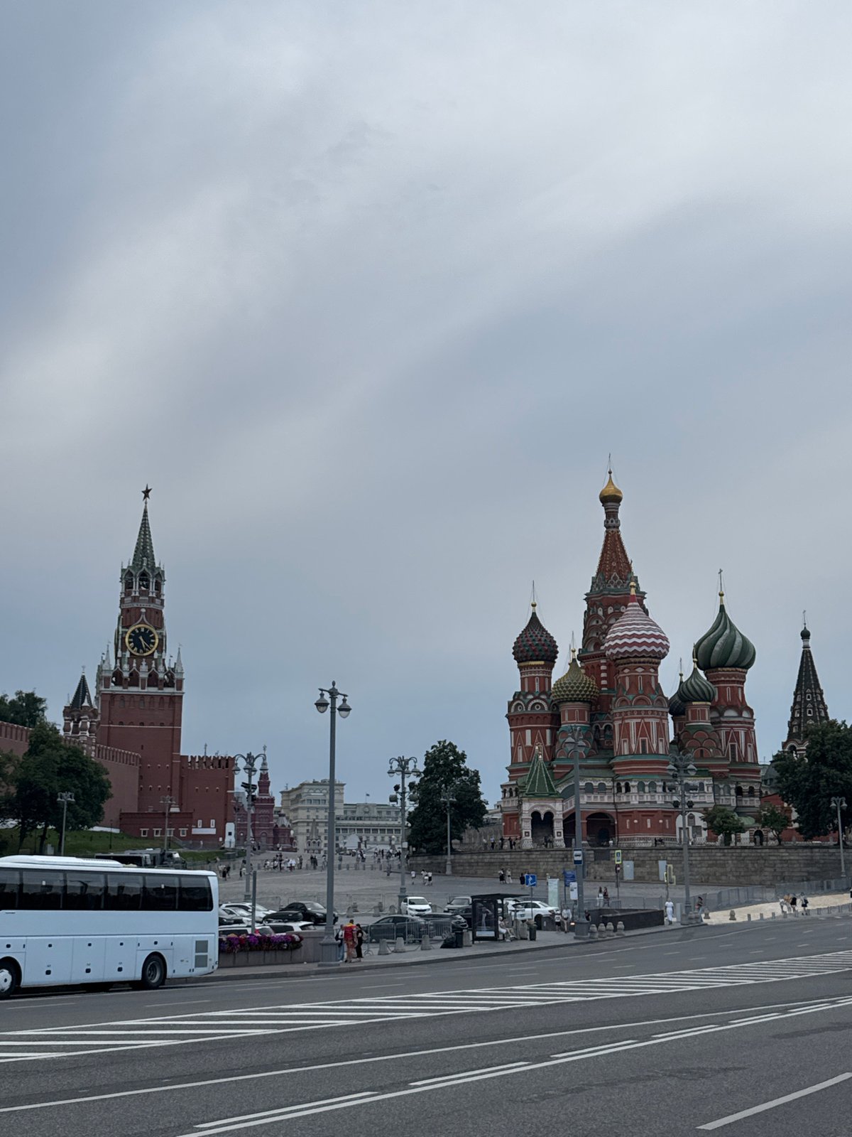St. Basil's and Spasskaya Tower under overcast Moscow skies