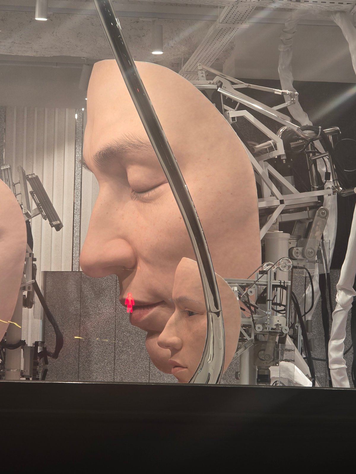 Robotic head art installation displayed in glass case