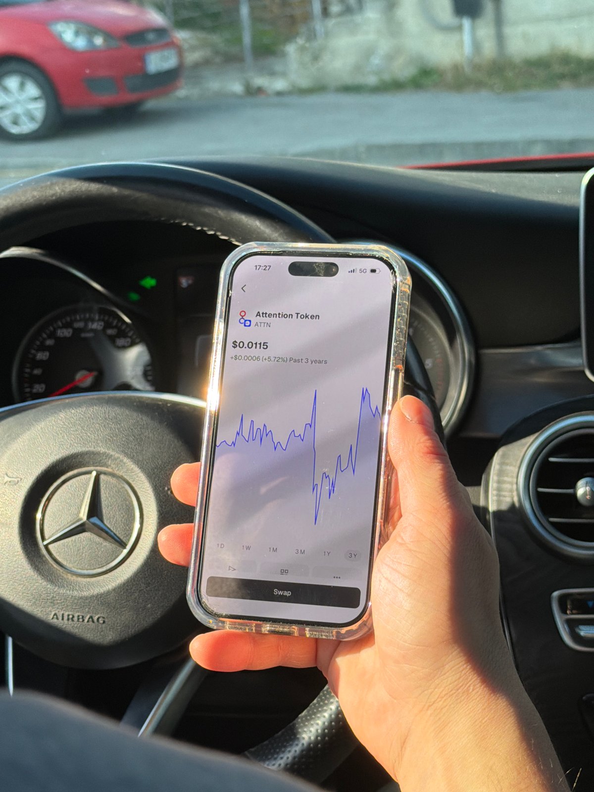 Driver monitors cryptocurrency charts on phone in Mercedes, Varna