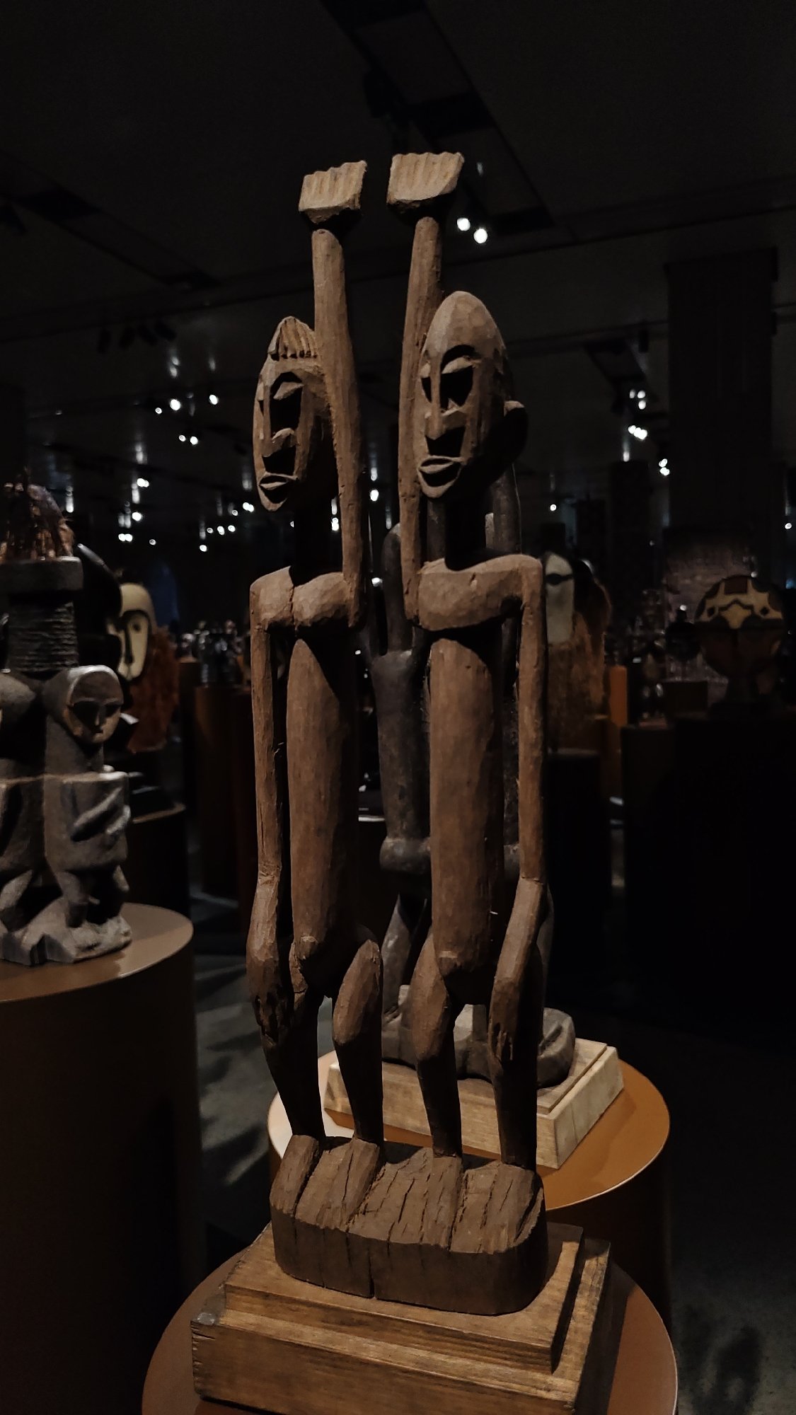 Browsing African tribal art at a Moscow museum