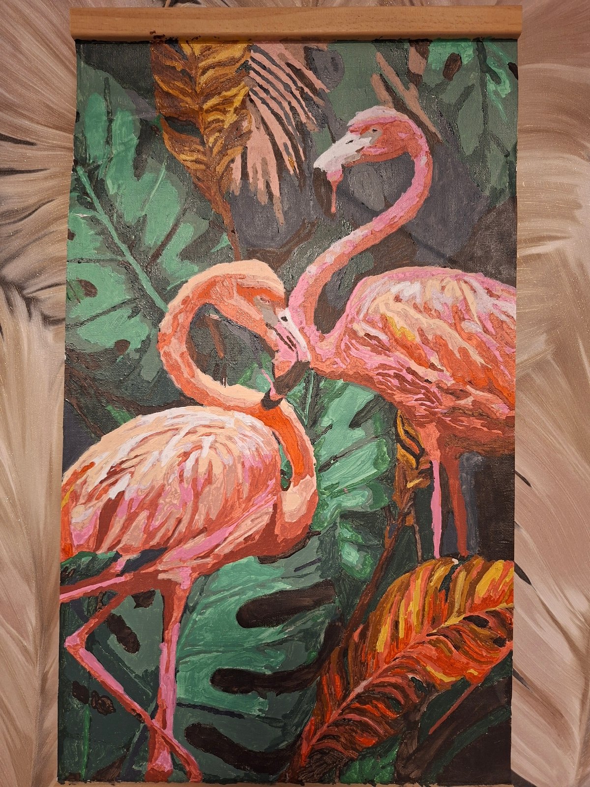 Tropical flamingo painting observed by witness