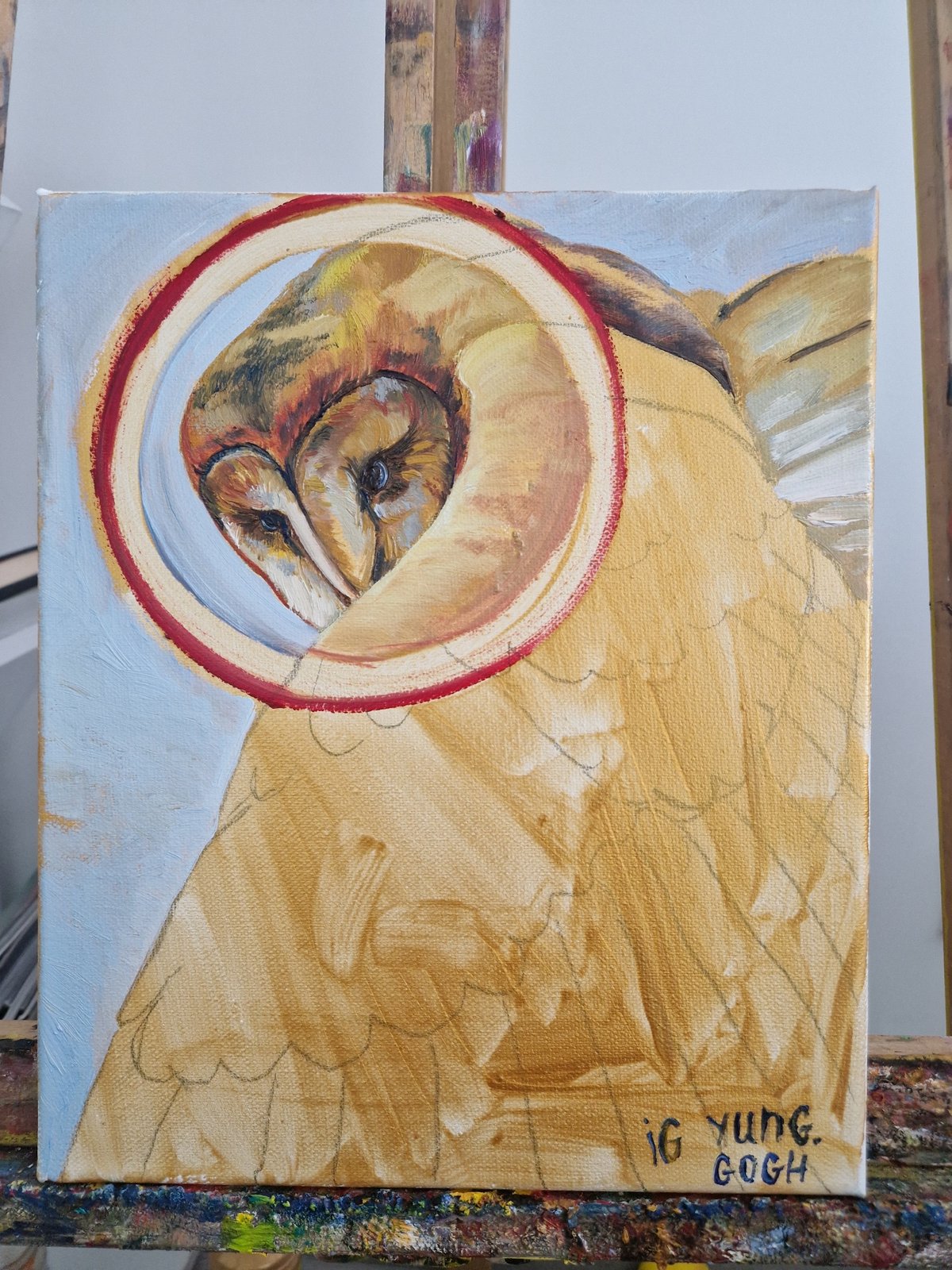 Unfinished owl oil painting spotted on easel