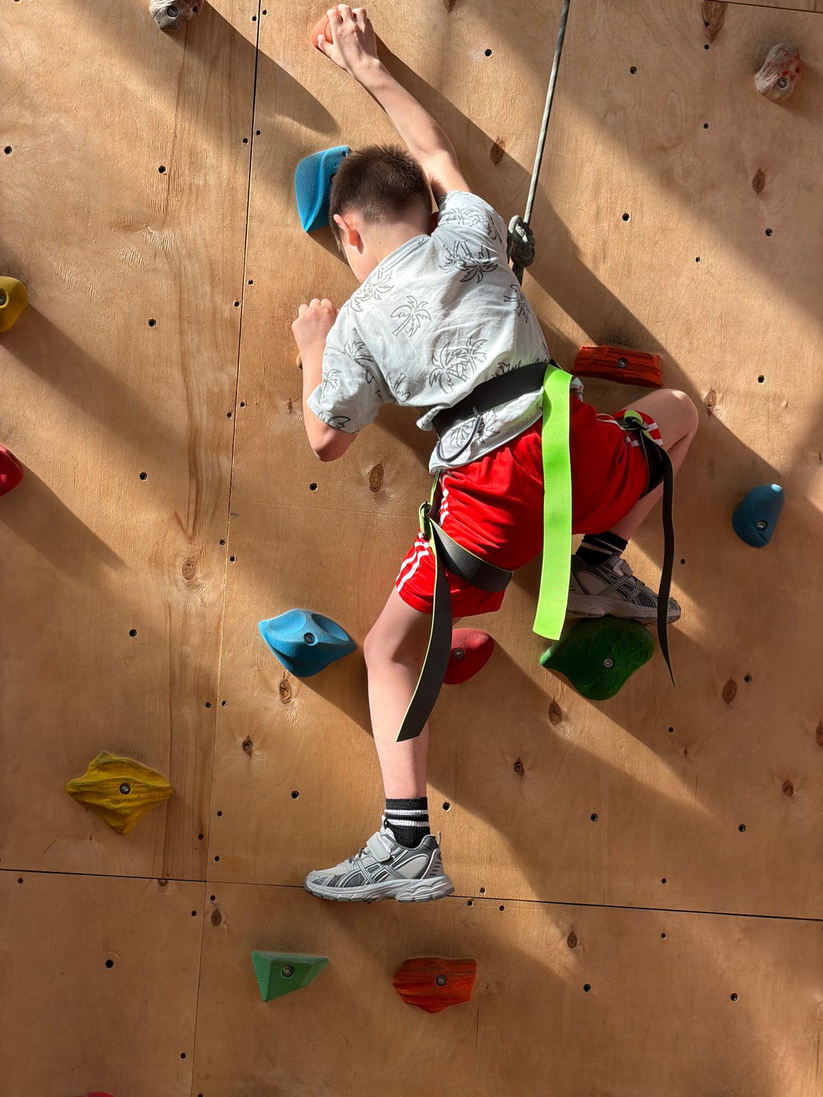 Young climber scales indoor wall in Izhevsk climbing facility