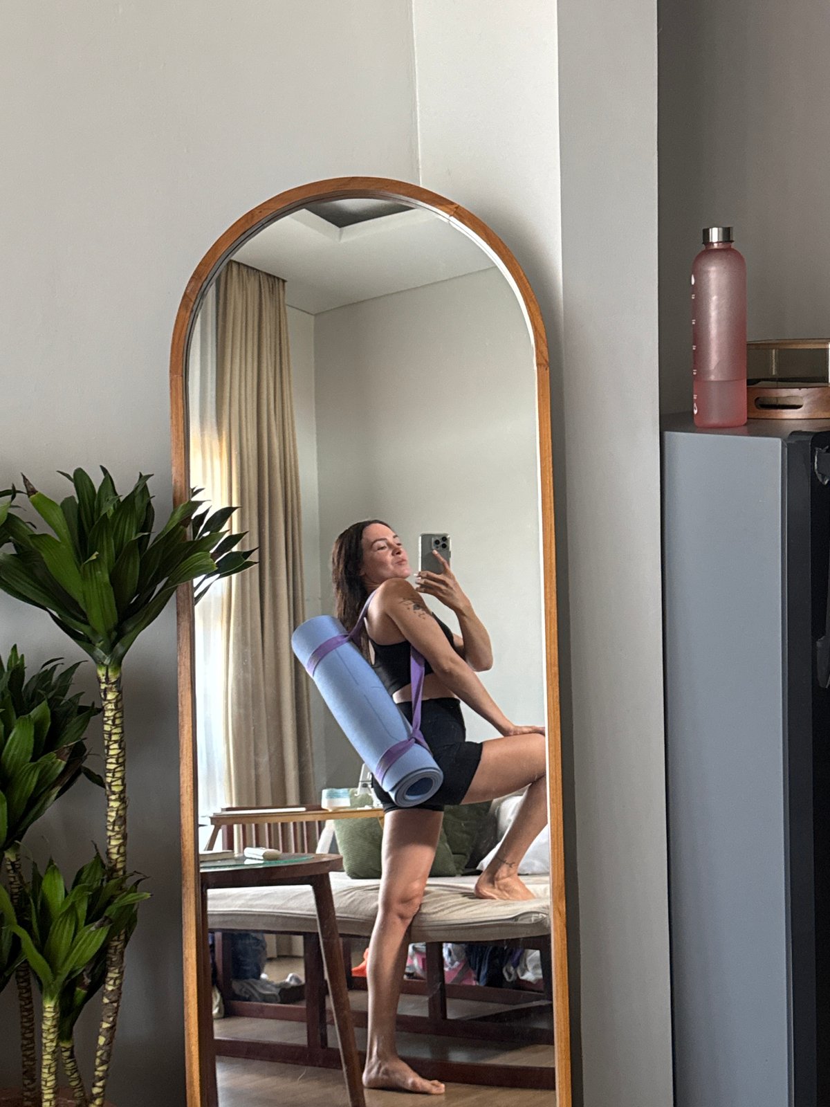 Morning yoga session selfies and tropical views in North Kuta
