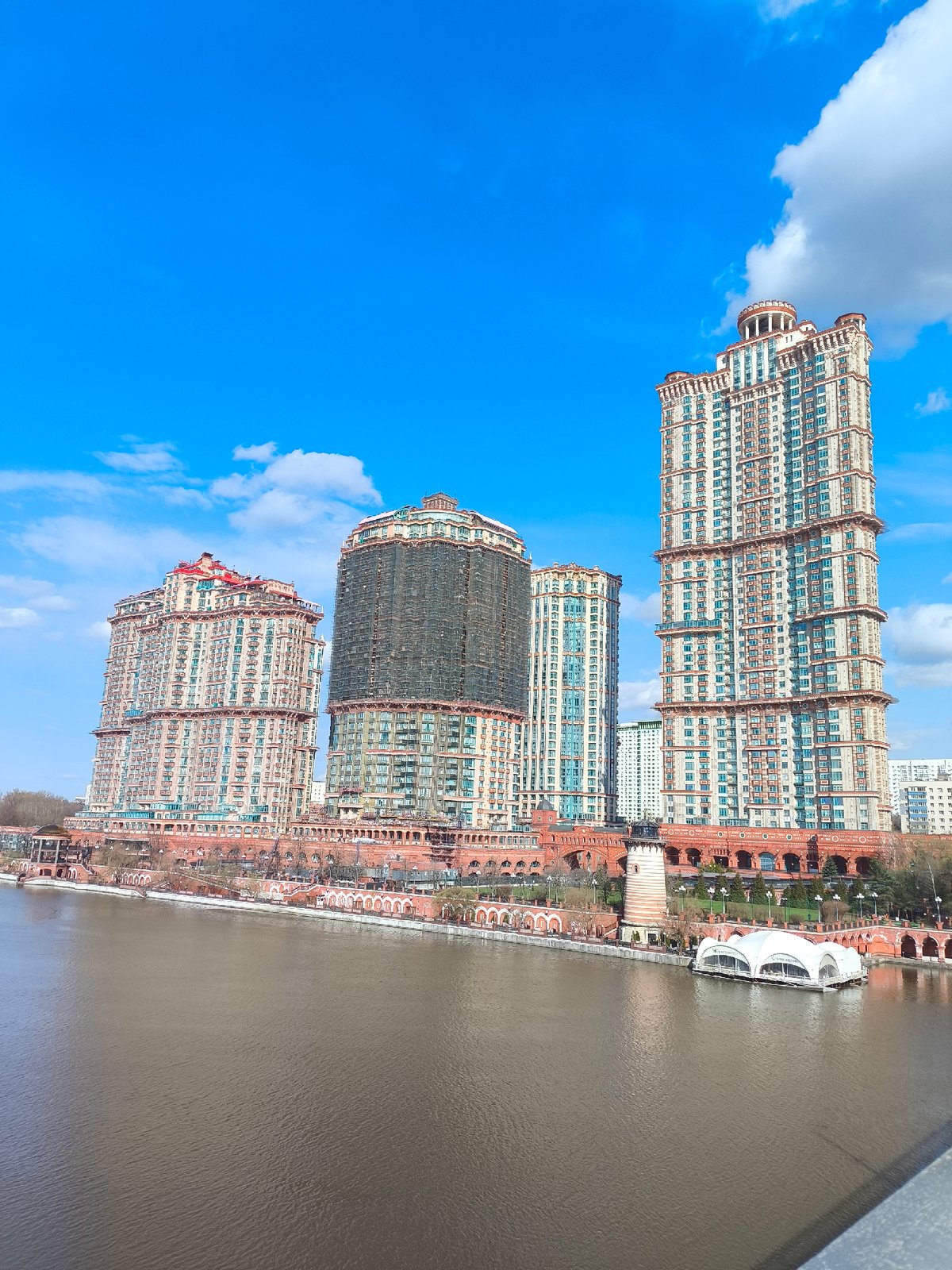 Ornate waterfront buildings documented in Khimki, Russia