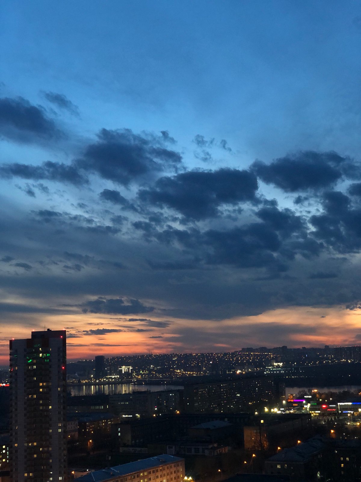 Twilight cityscape captured from elevated view in Krasnoyarsk