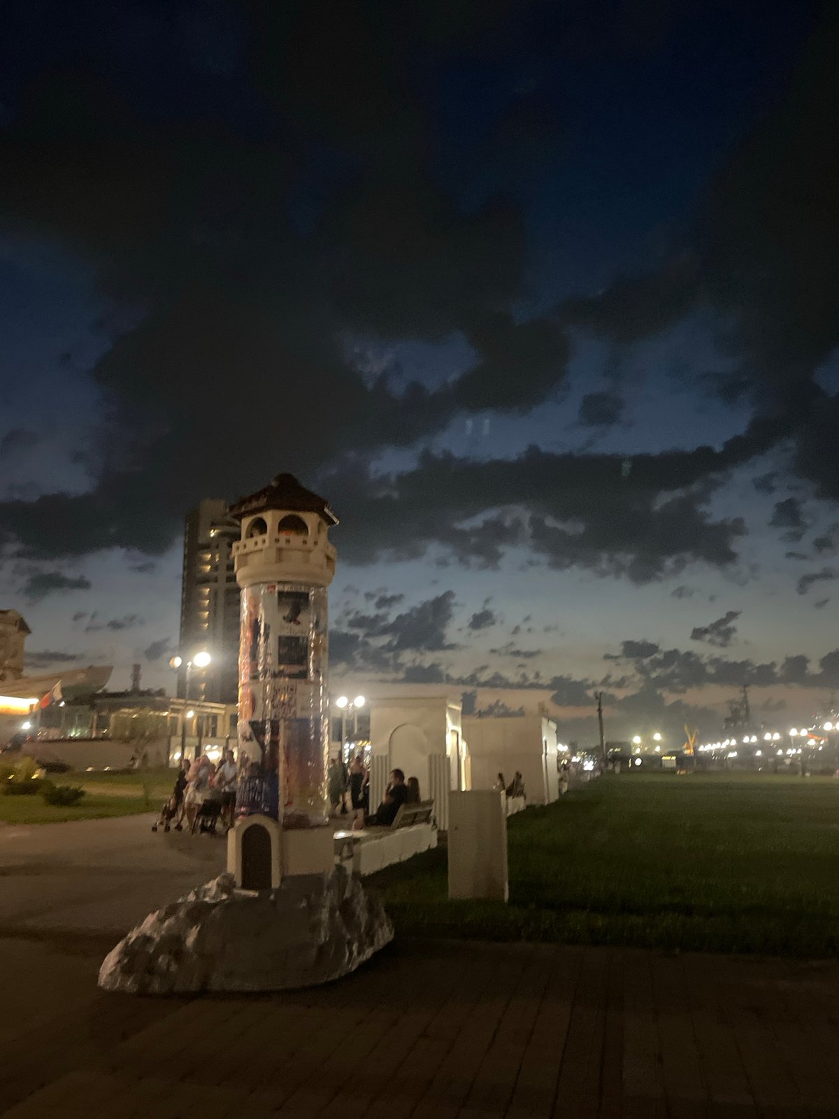 Decorative lighthouse tower at dusk in Sementsovka, Russia