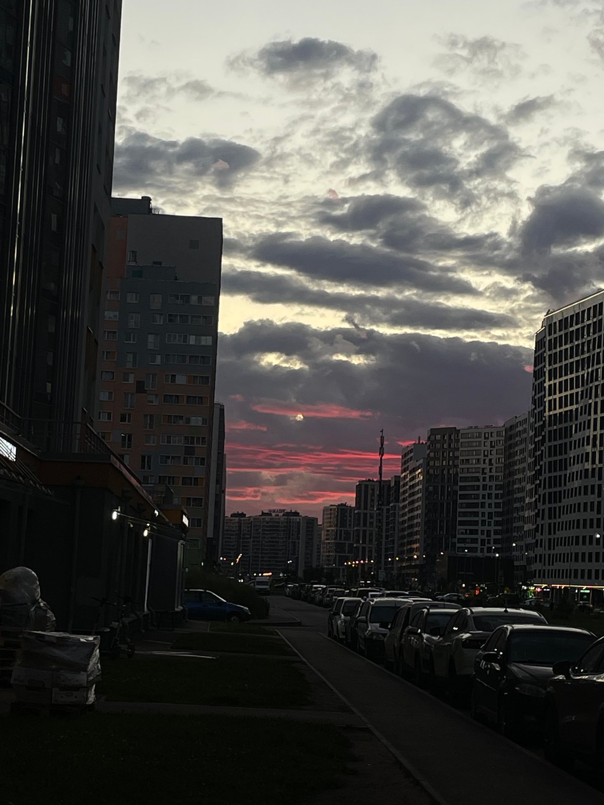 Quiet Russian residential street at dusk