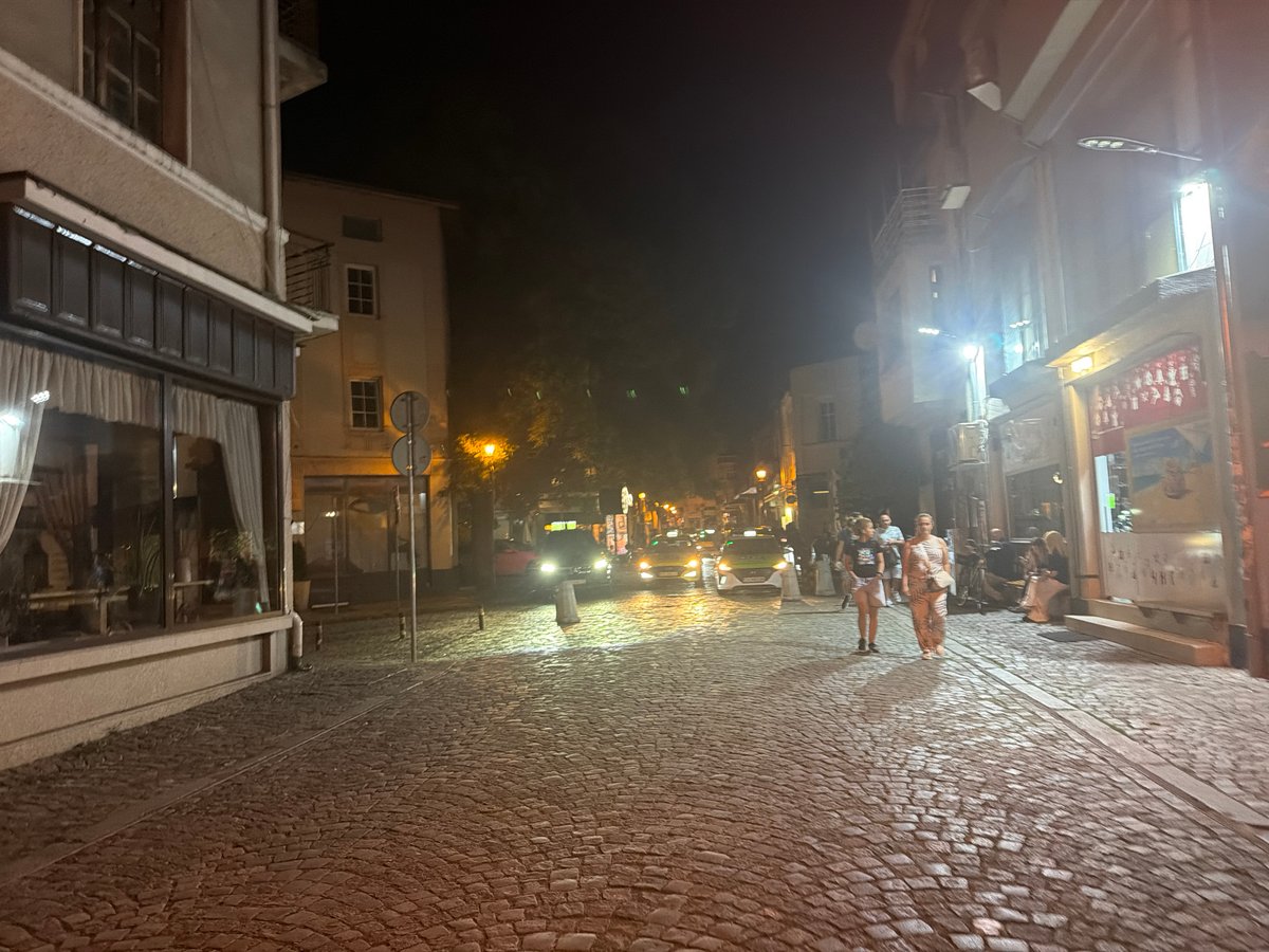 Plovdiv's old town cobblestone streets after dark