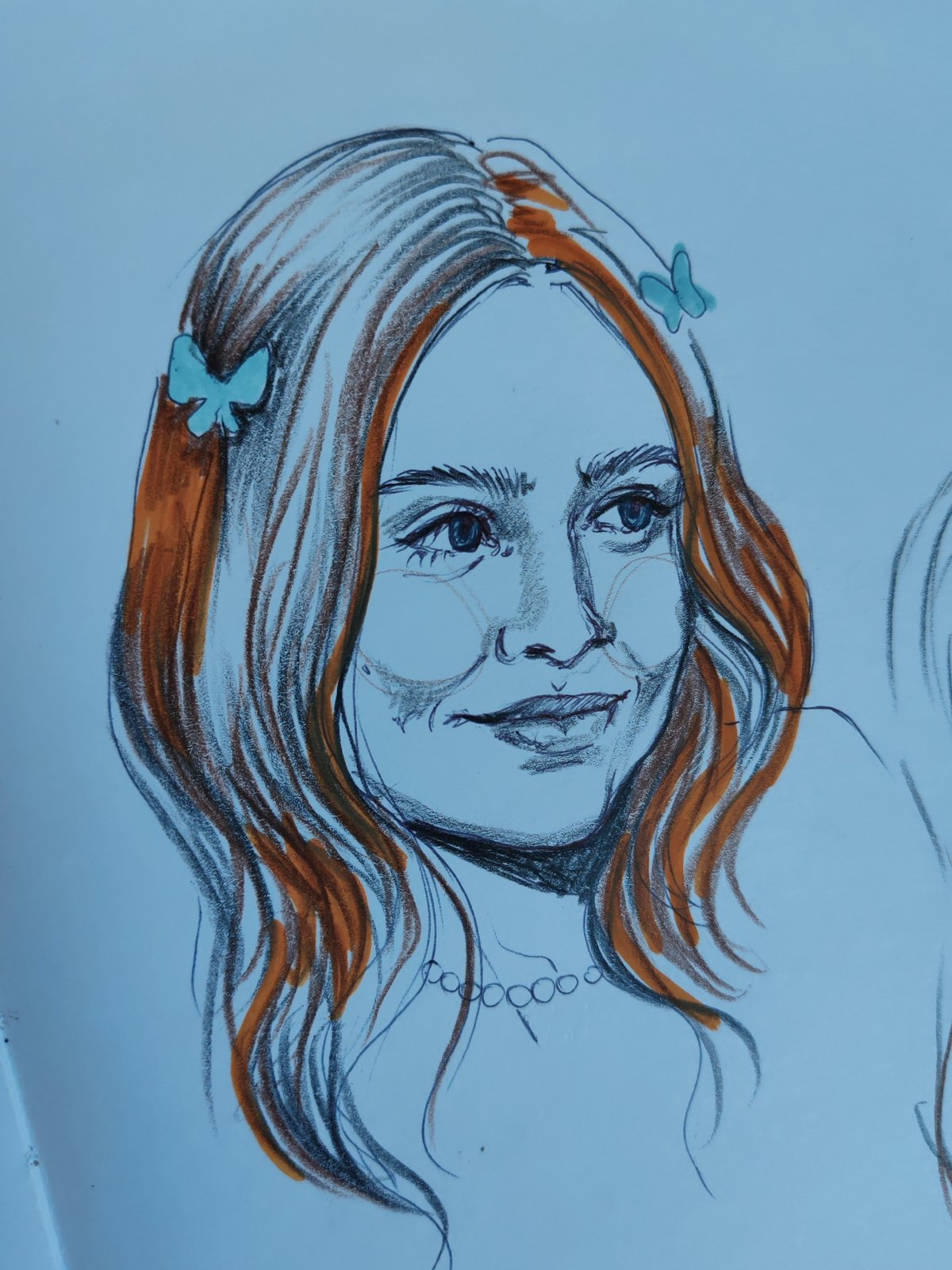 Artistic sketch of woman with butterfly accessories observed in Ust-Ilimsk