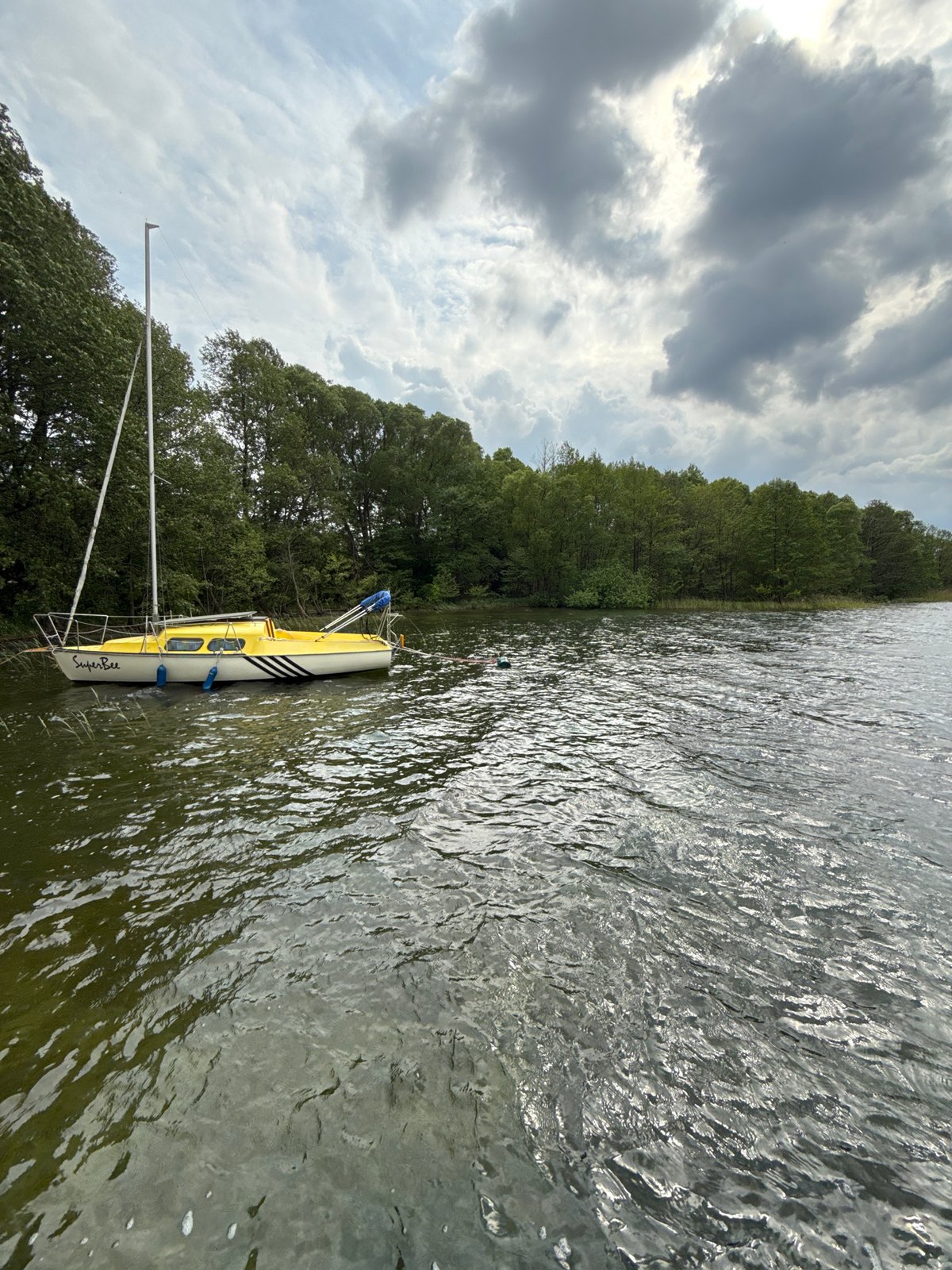 Lakeside leisure documented in Kownatki, Poland during overcast afternoon