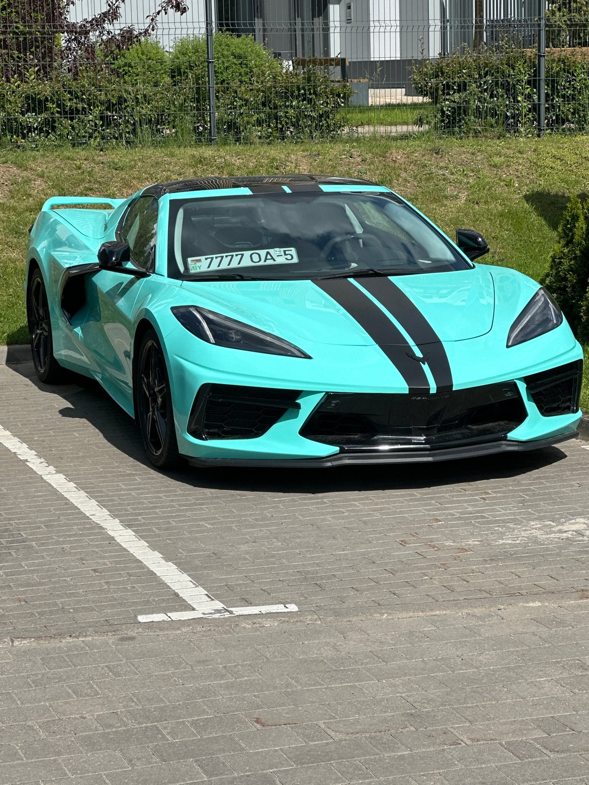 Teal Corvette C8 spotted parked in rural Belarus