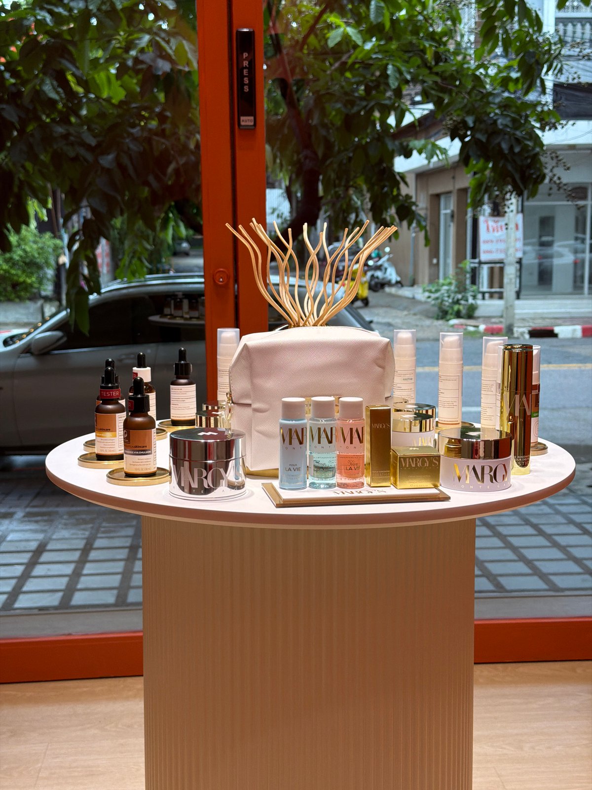 Skincare products on display inside a Chiang Mai retail space