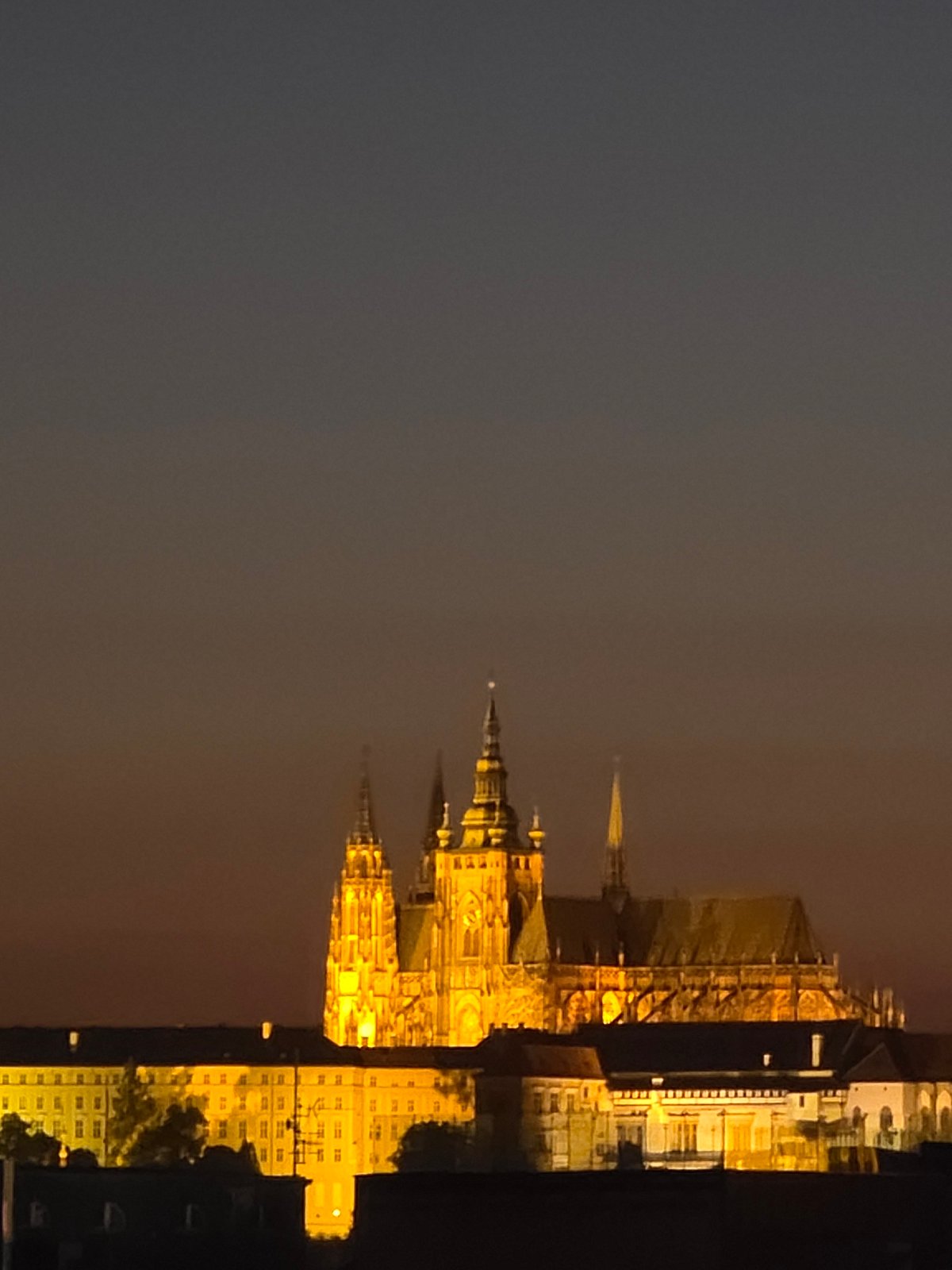 Nighttime cityscape observed with illuminated cathedral, tram, pedestrians