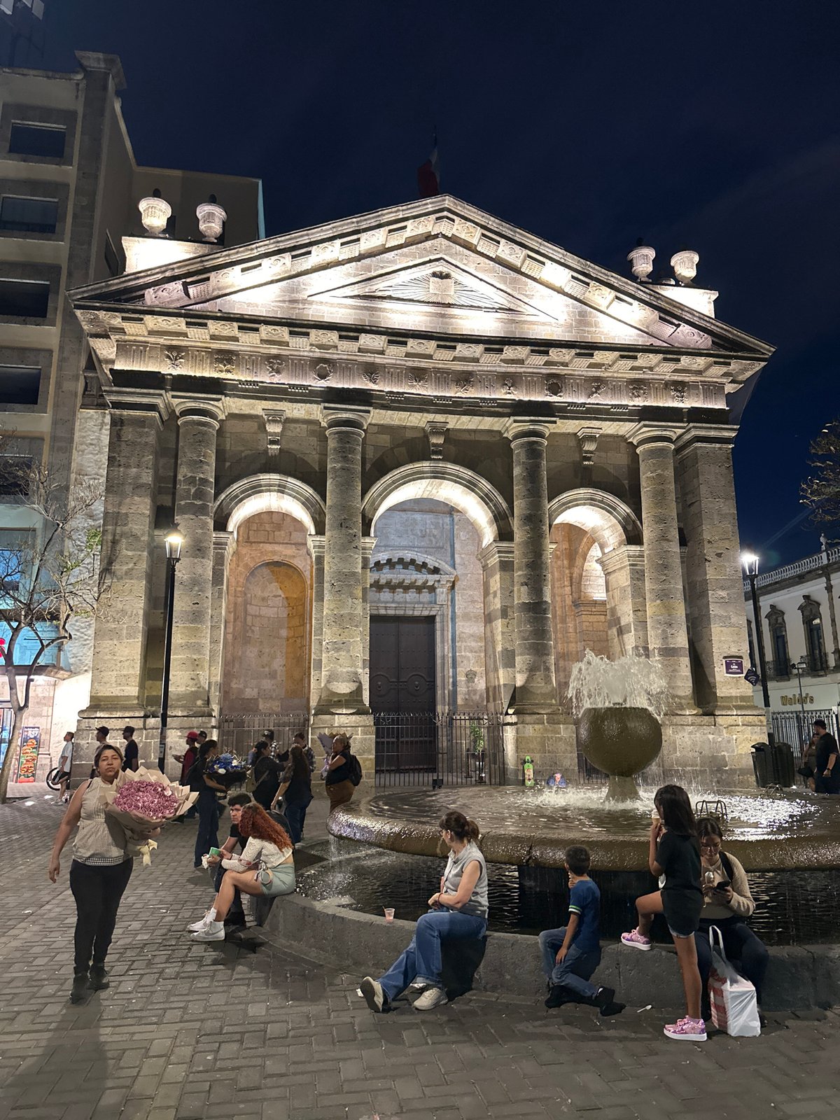 Guadalajara Cathedral illuminated at night, architectural details visible