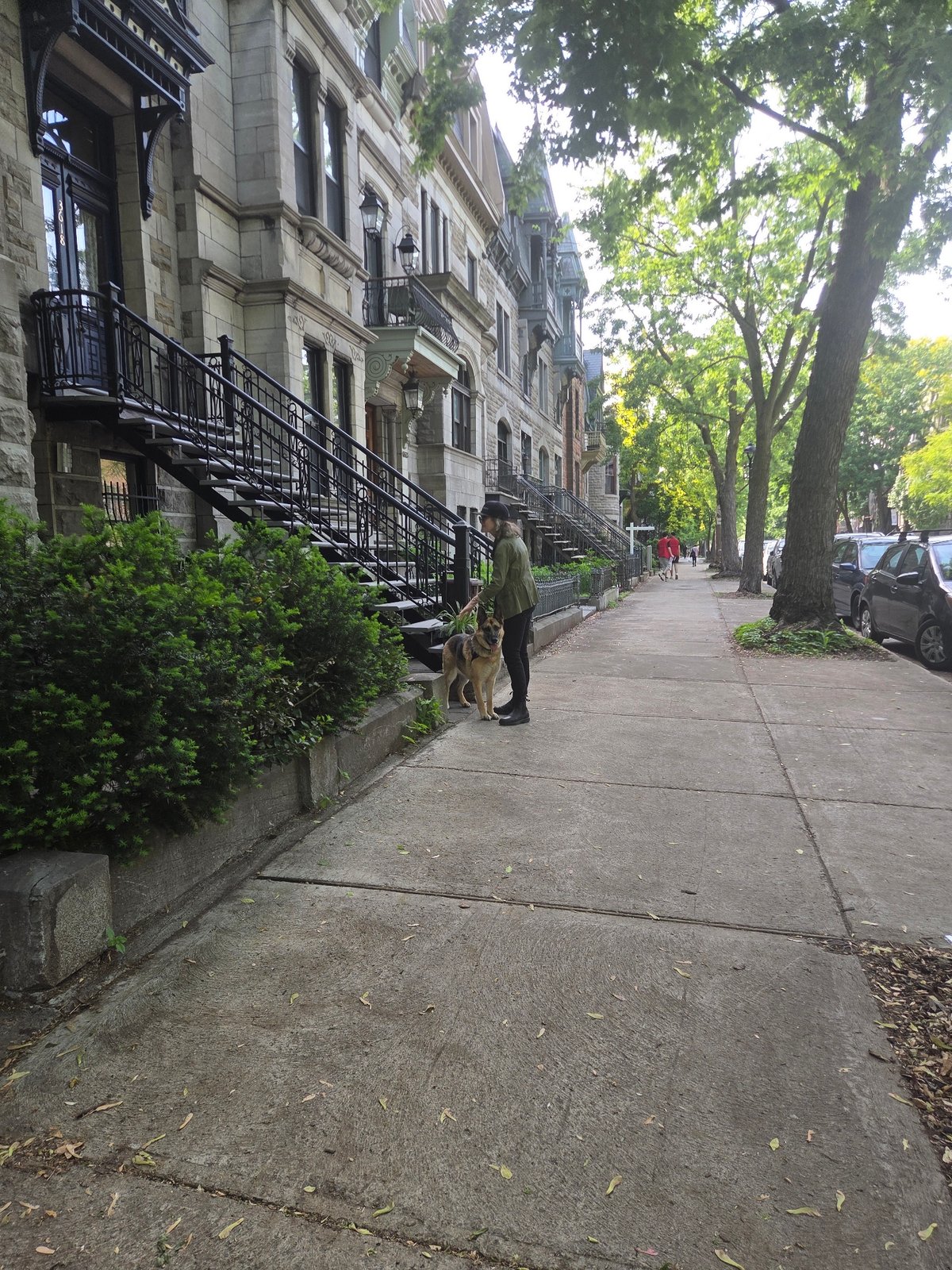 Person bends down on sunny Montreal street