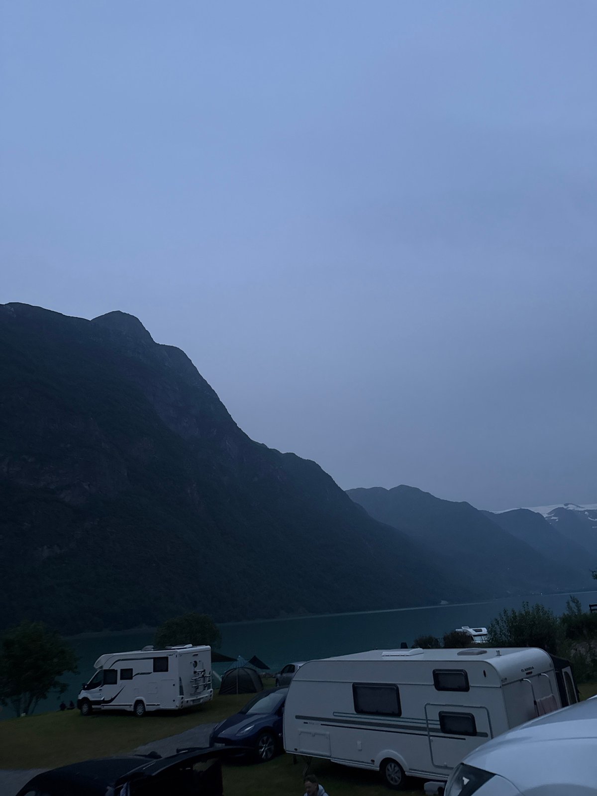 Camping by a mountain lake in Olden, Norway
