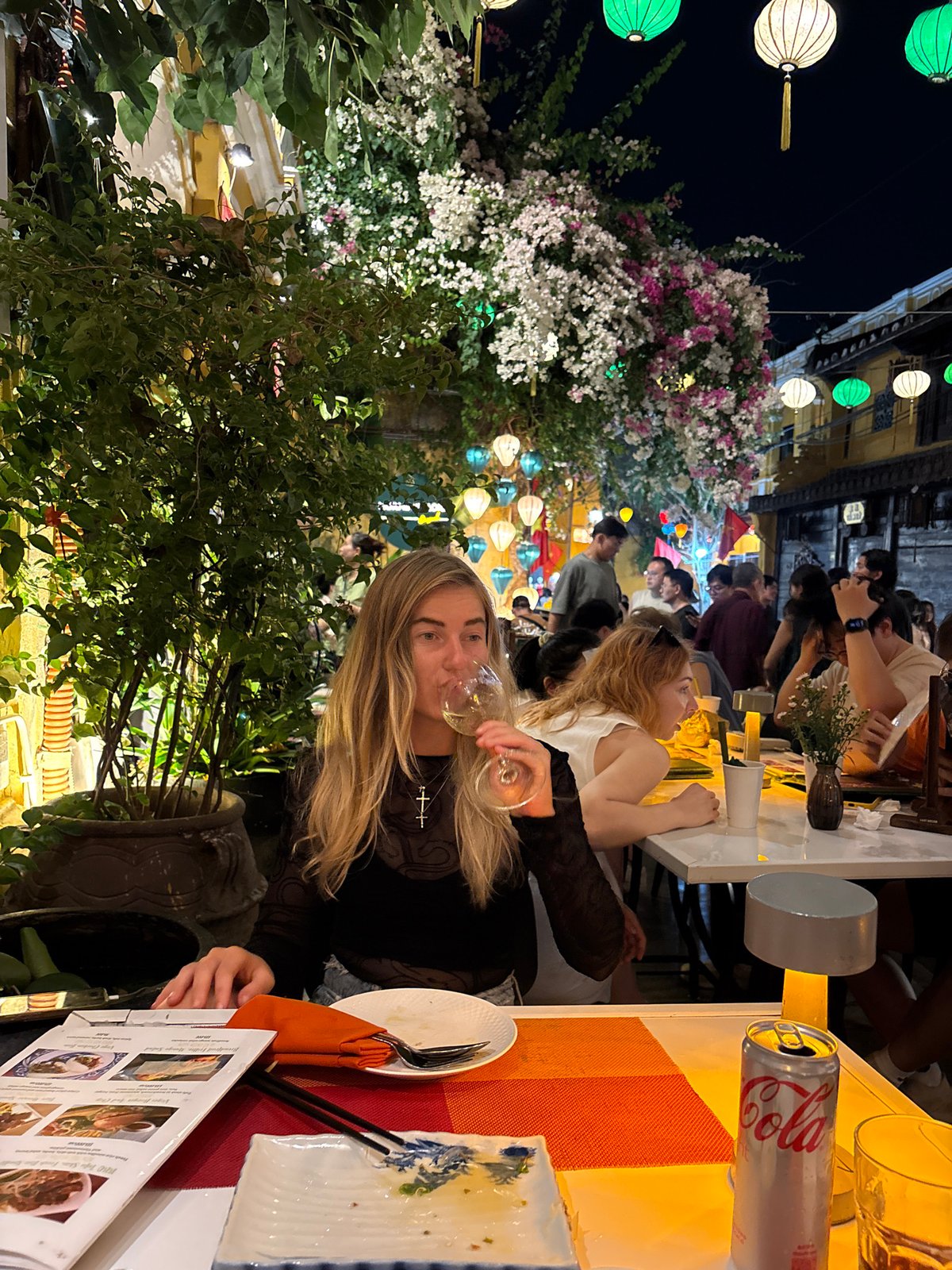Group dining observed at Hội An restaurant with wine, food