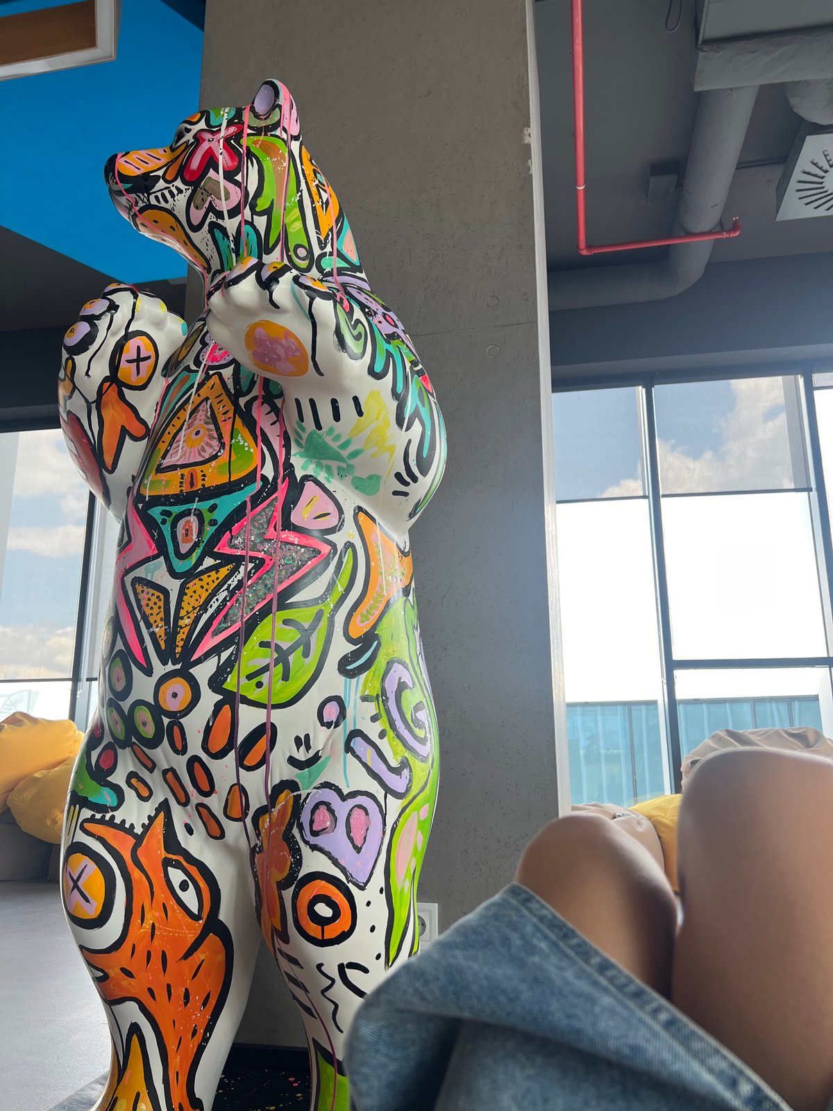 Bold abstract bear sculpture brightens an indoor Sofia art space