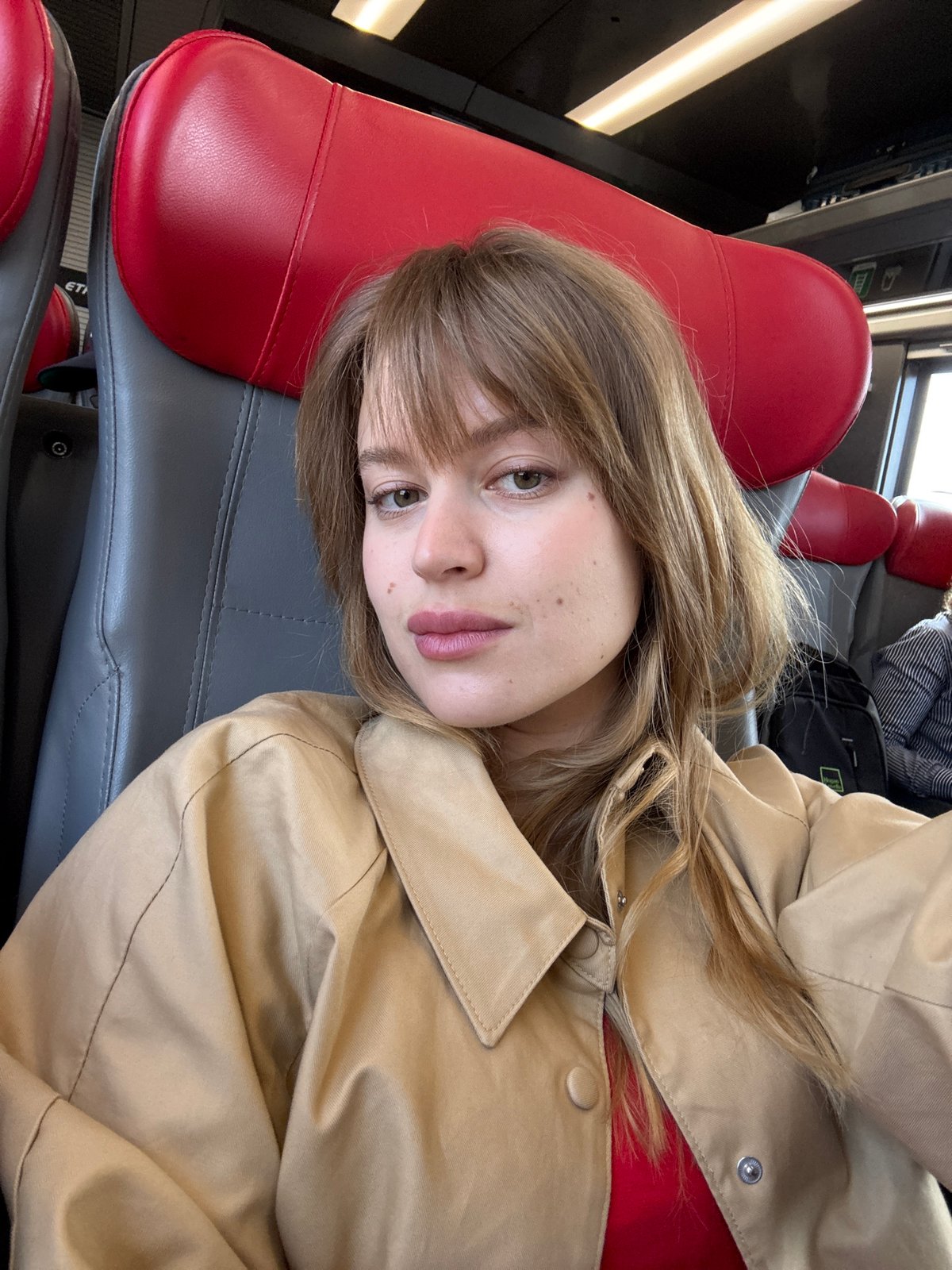 Train passenger photographed during journey near Mirano, Italy