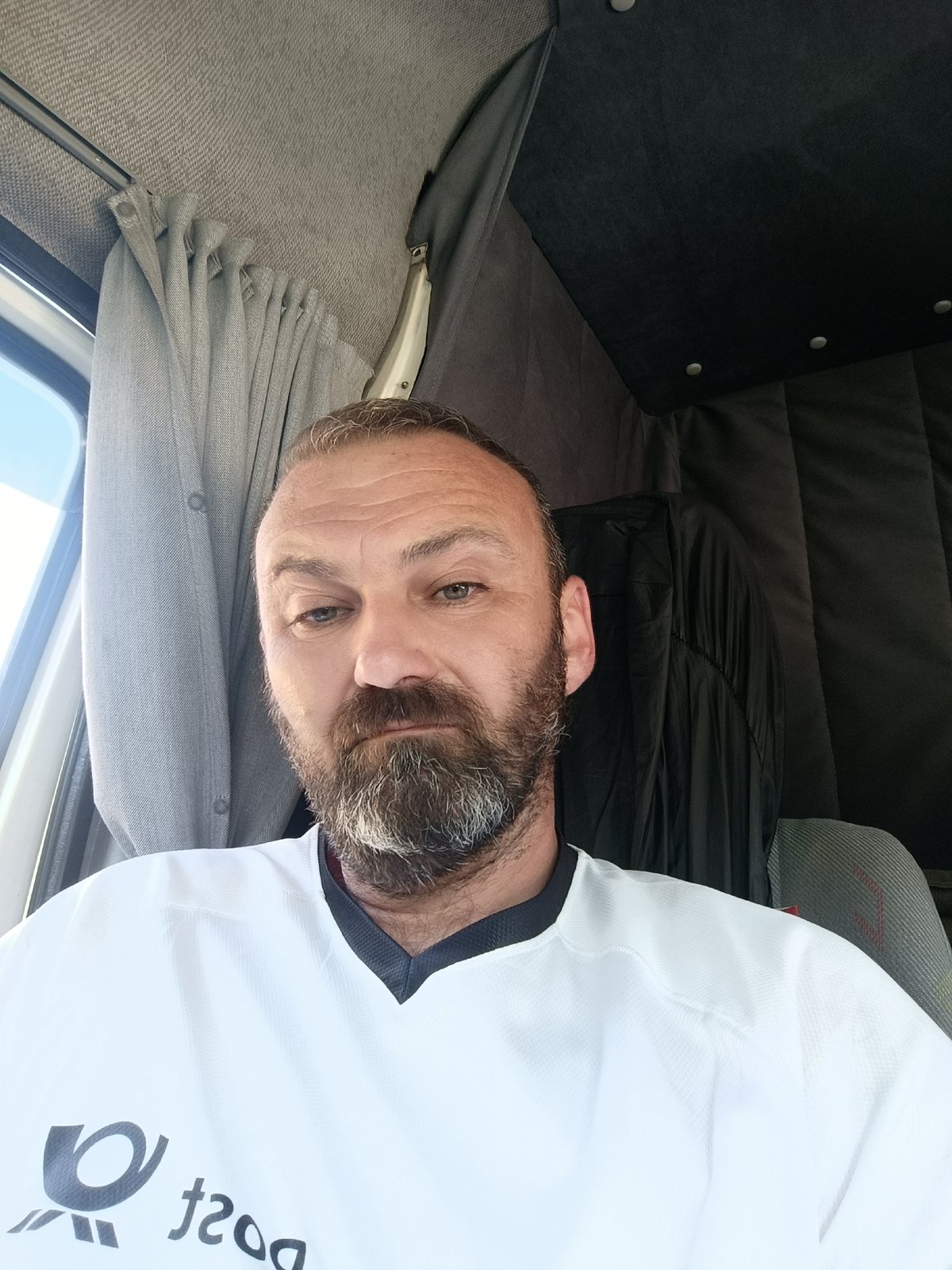 Selfie from inside a truck cabin in Selm, Germany