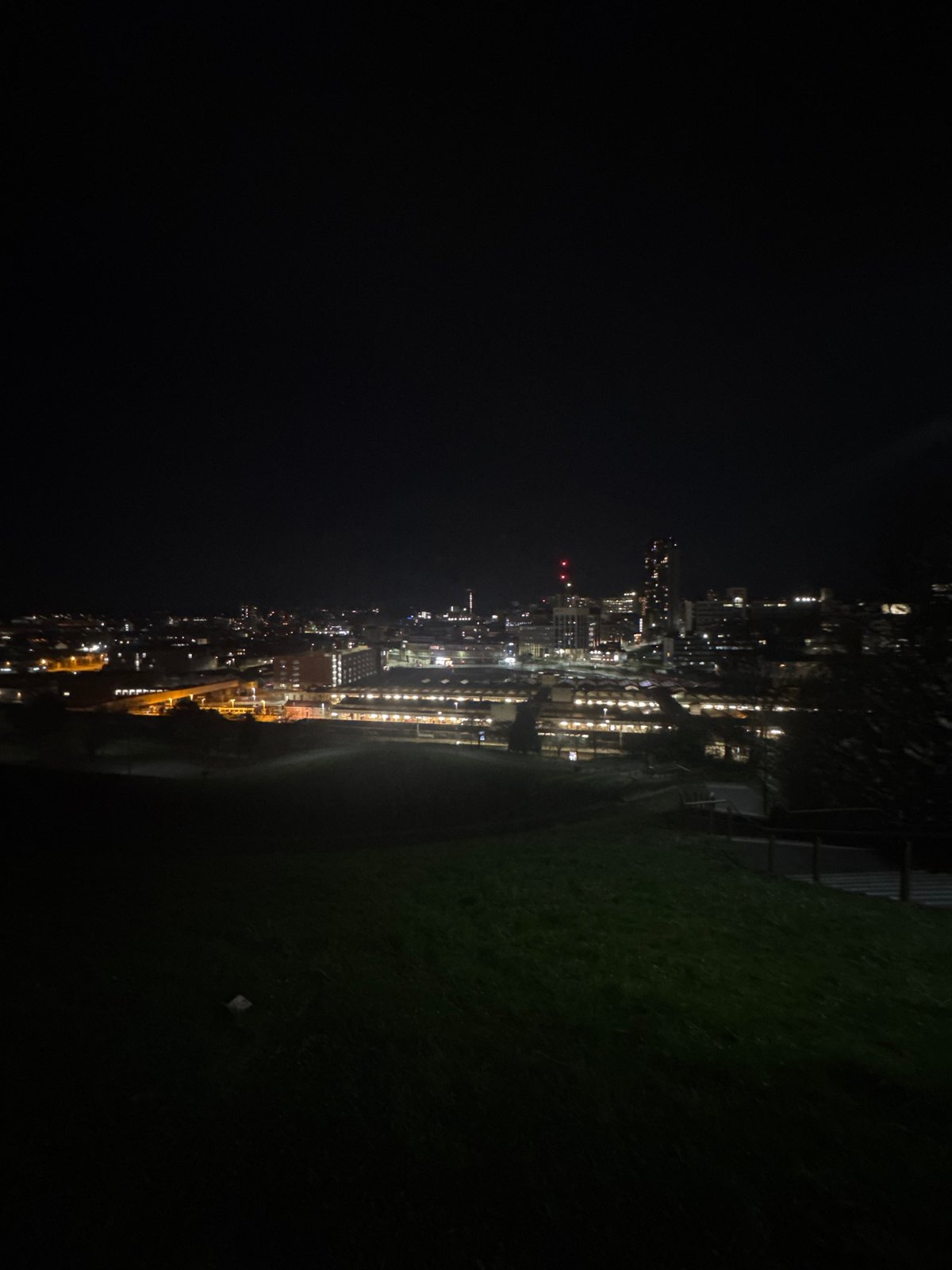 Nighttime cityscape view captured from elevated position in Sheffield